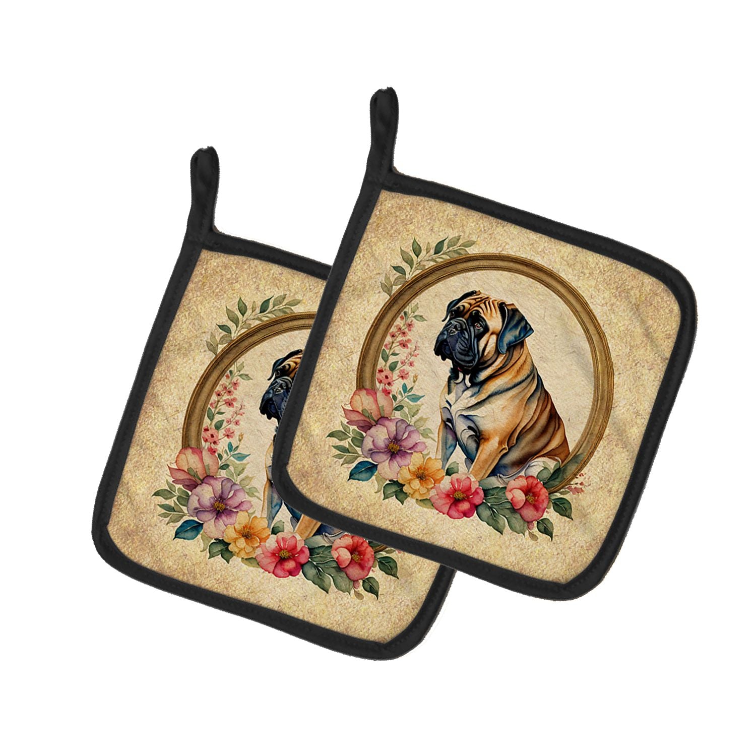 Mastiff and Flowers Pair of Pot Holders Kitchen Heat Resistant Pot Holders Sets Oven Hot Pads for Cooking Baking BBQ, 7 1/2 x 7 
