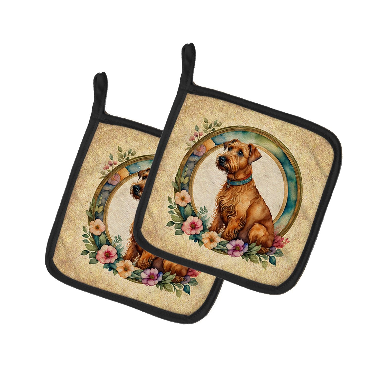 Irish Terrier and Flowers Pair of Pot Holders Kitchen Heat Resistant Pot Holders Sets Oven Hot Pads for Cooking Baking BBQ, 7 1/