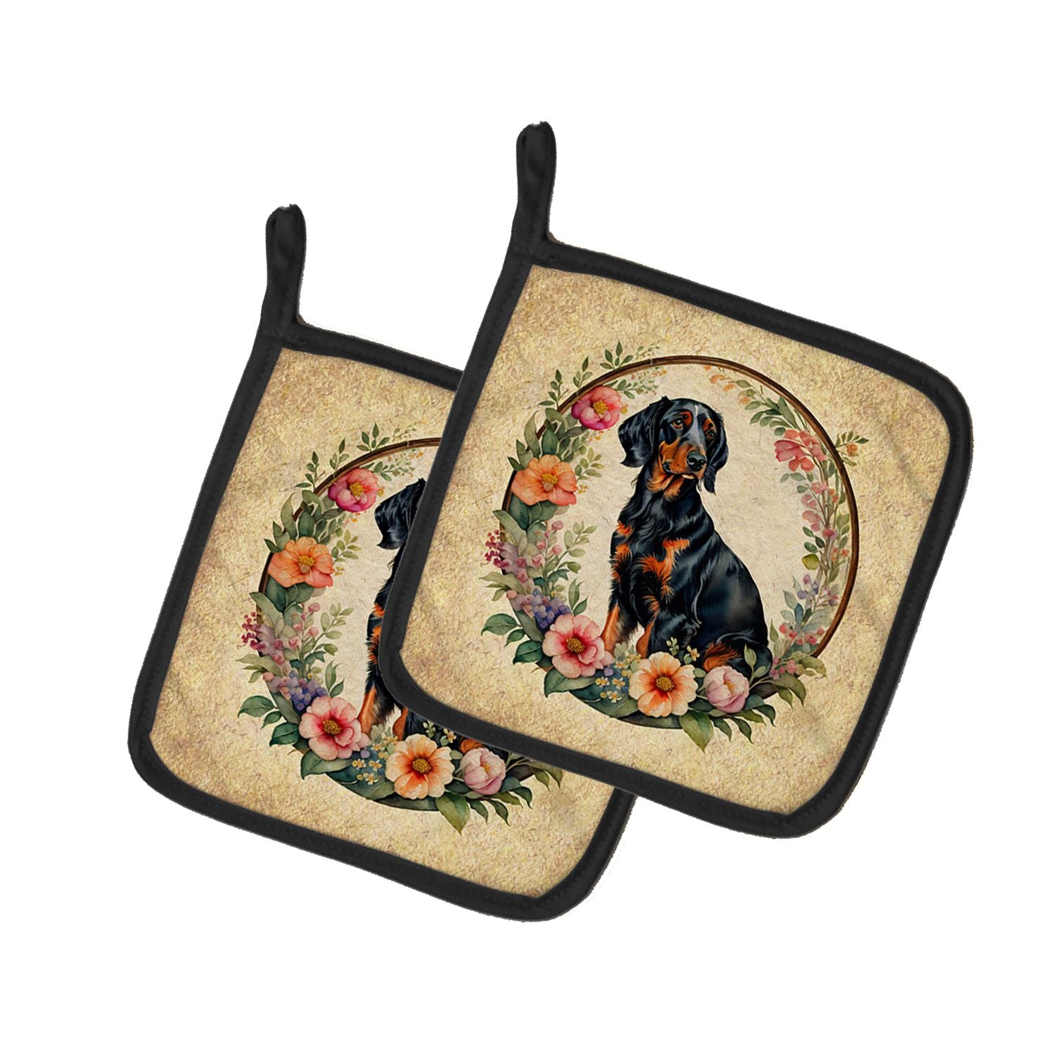 Gordon Setter and Flowers Pair of Pot Holders Kitchen Heat Resistant Pot Holders Sets Oven Hot Pads for Cooking Baking BBQ, 7 1/