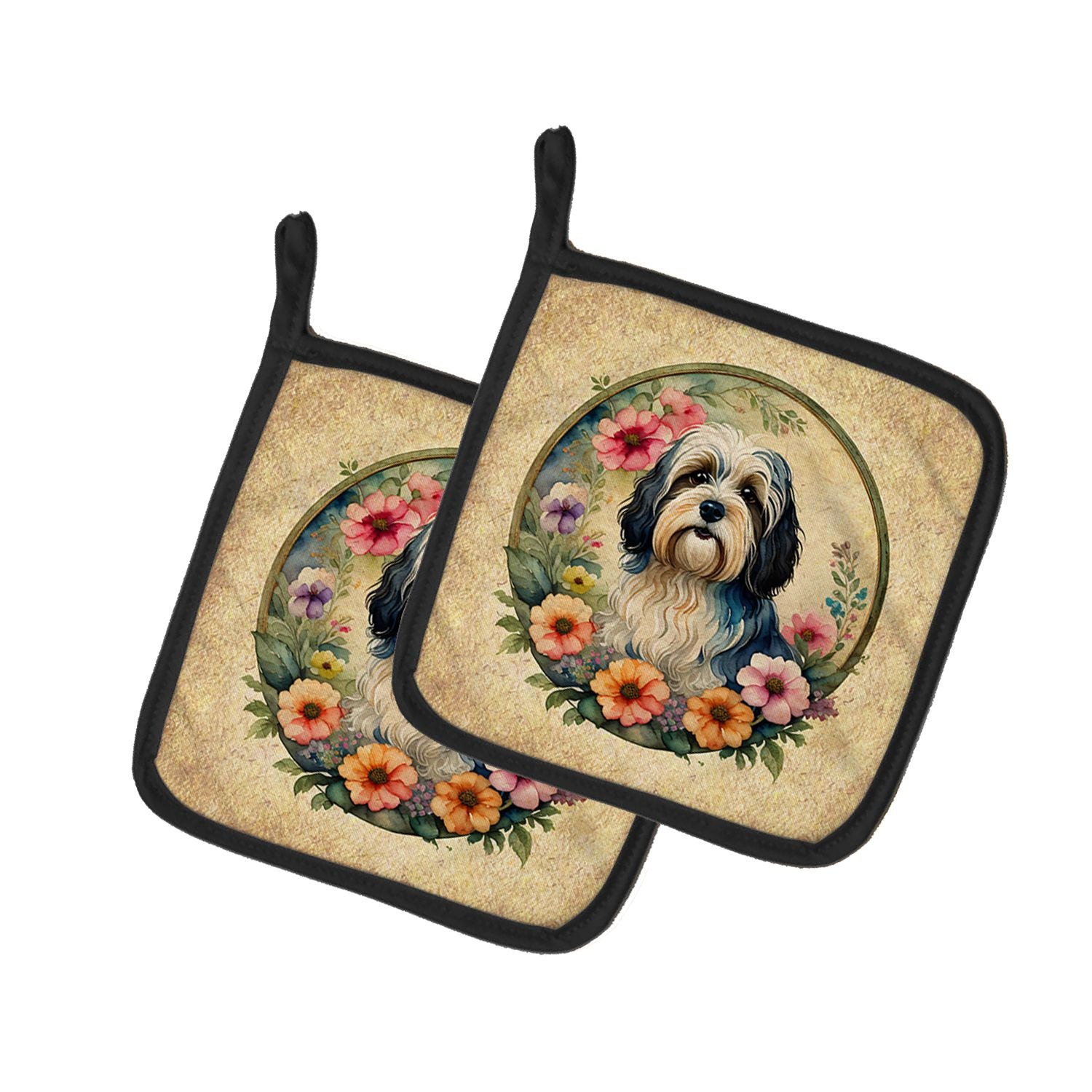 Havanese and Flowers Pair of Pot Holders Kitchen Heat Resistant Pot Holders Sets Oven Hot Pads for Cooking Baking BBQ, 7 1/2 x 7