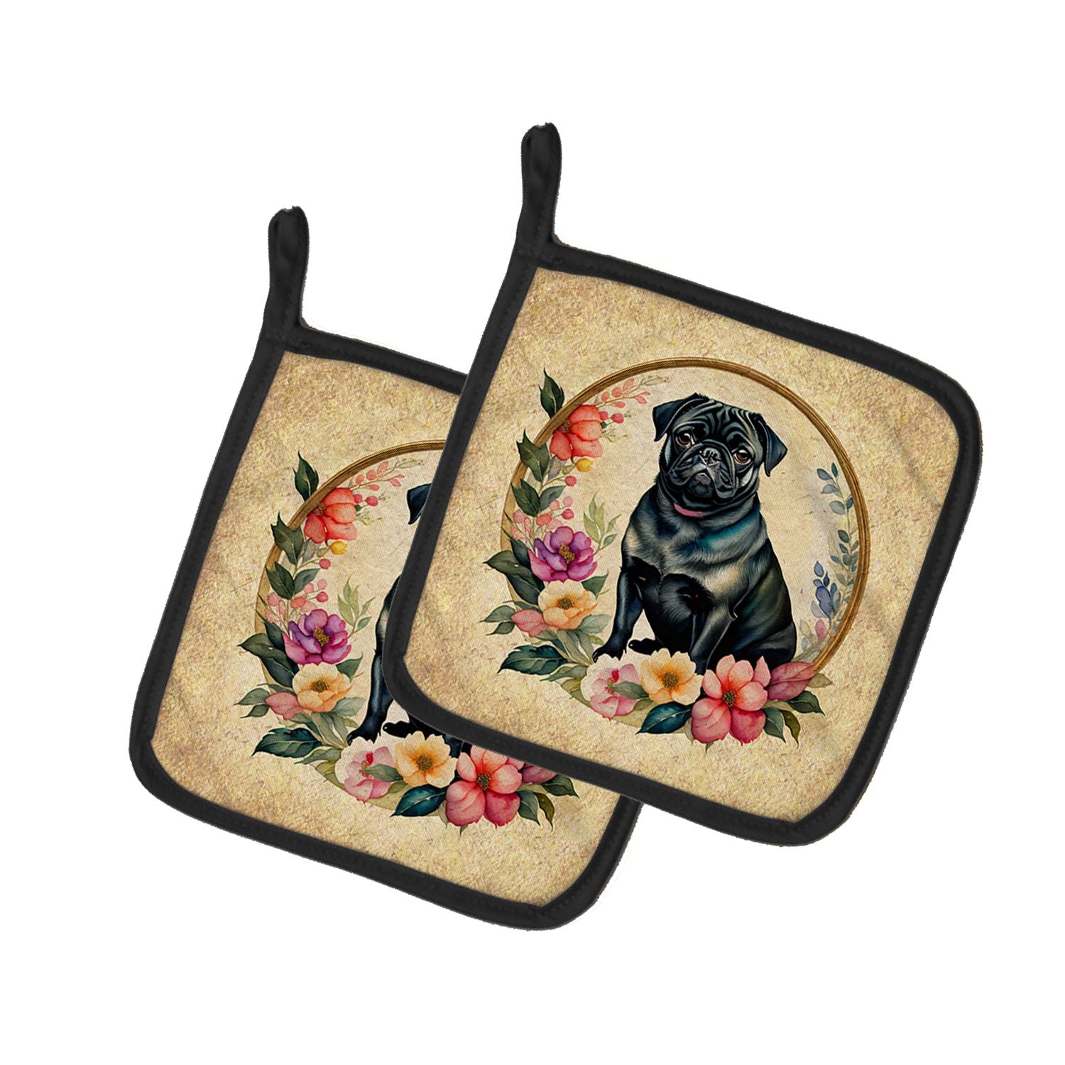 Black Pug and Flowers Pair of Pot Holders Kitchen Heat Resistant Pot Holders Sets Oven Hot Pads for Cooking Baking BBQ, 7 1/2 x 