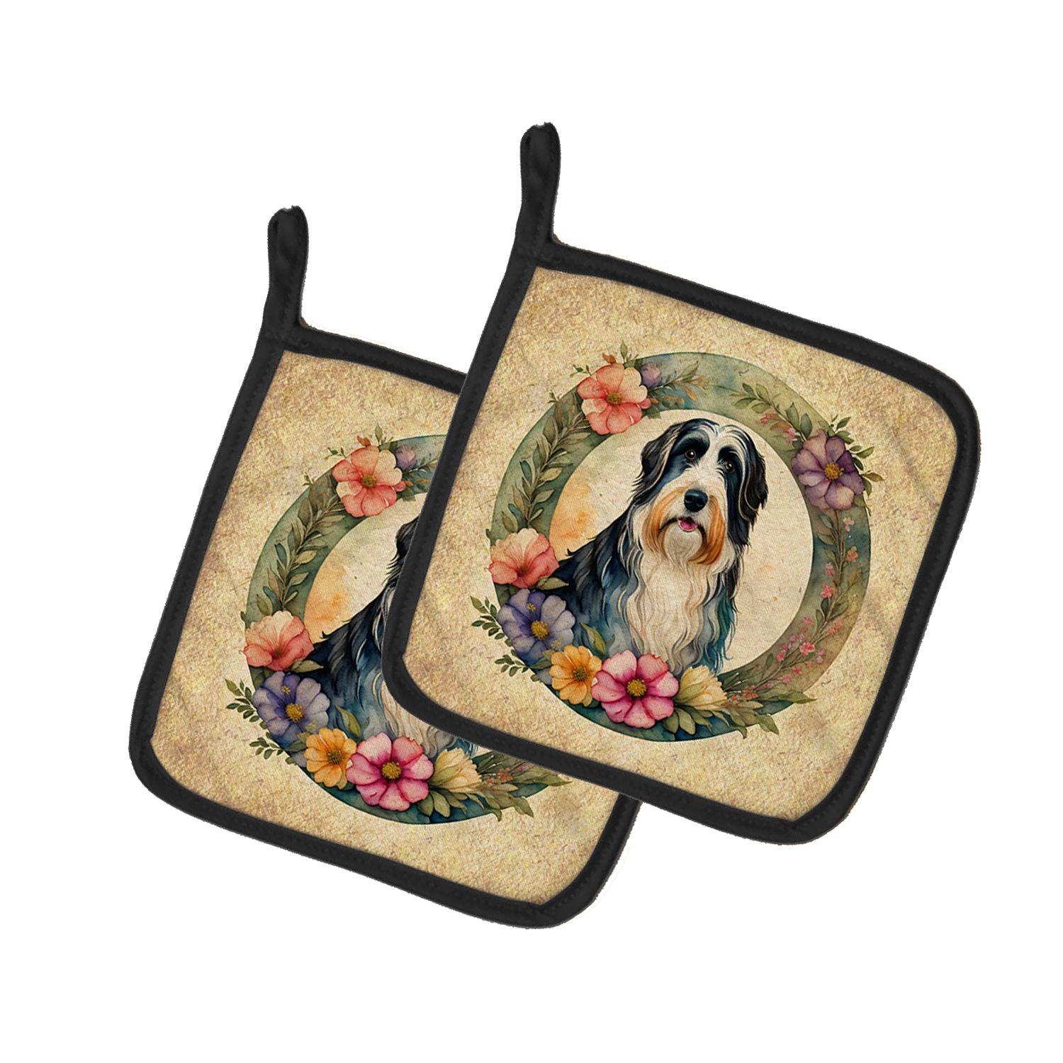 Bearded Collie and Flowers Pair of Pot Holders Kitchen Heat Resistant Pot Holders Sets Oven Hot Pads for Cooking Baking BBQ, 7 1