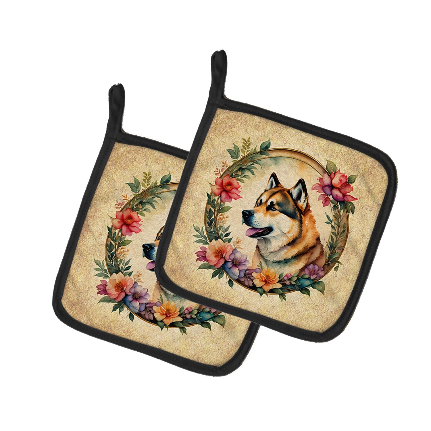 Akita and Flowers Pair of Pot Holders Kitchen Heat Resistant Pot Holders Sets Oven Hot Pads for Cooking Baking BBQ, 7 1/2 x 7 1/