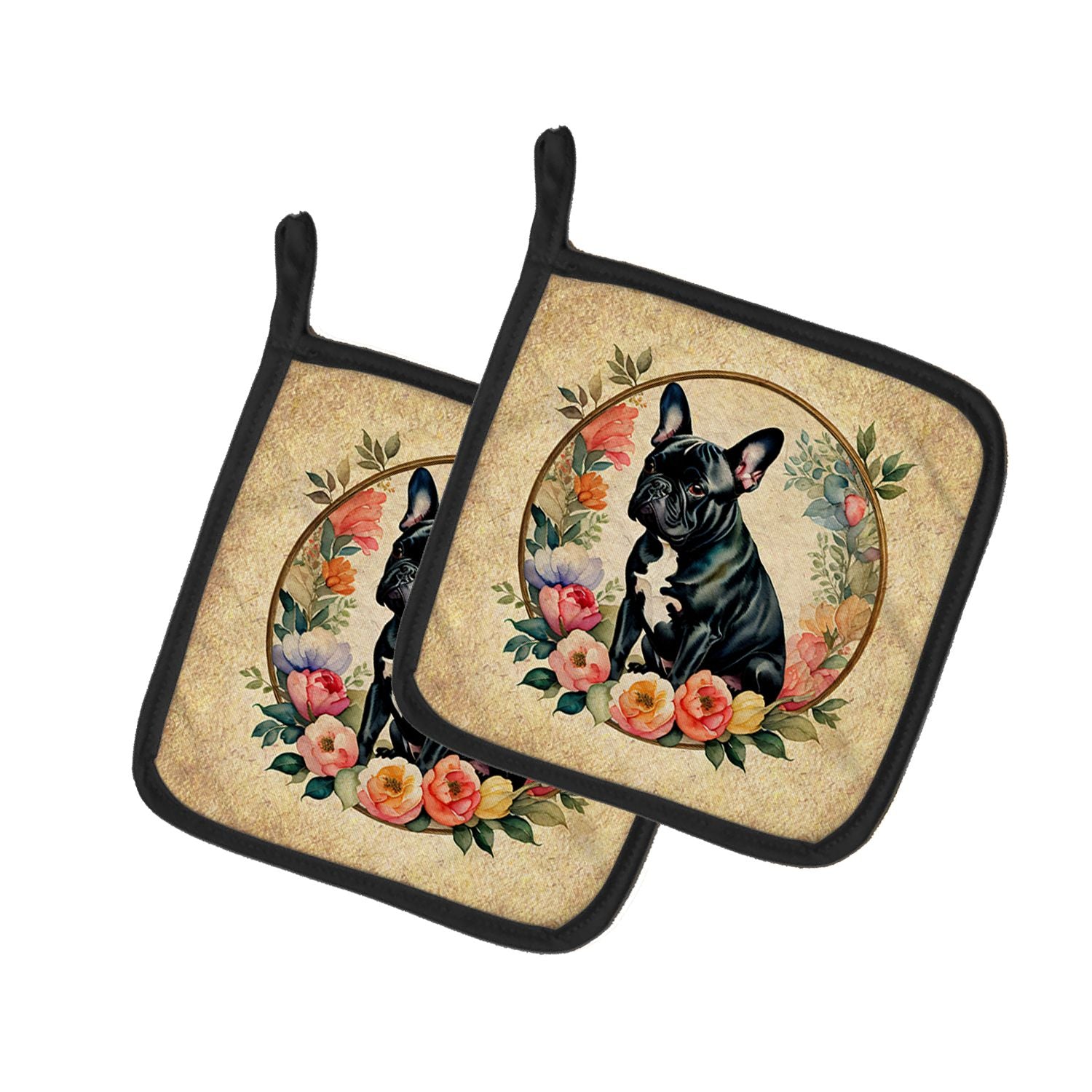 Black French Bulldog and Flowers Pair of Pot Holders Kitchen Heat Resistant Pot Holders Sets Oven Hot Pads for Cooking Baking BB