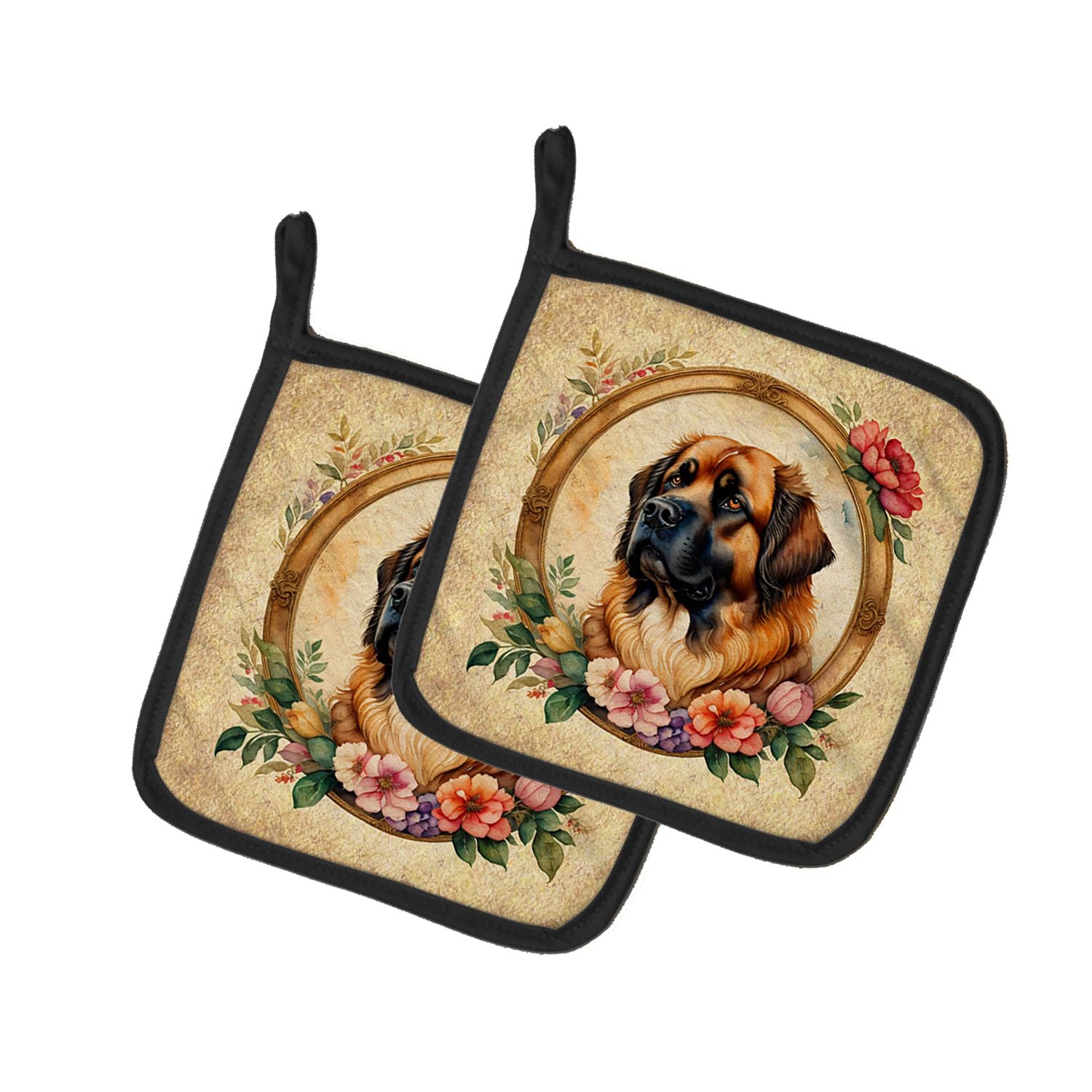 Leonberger and Flowers Pair of Pot Holders Kitchen Heat Resistant Pot Holders Sets Oven Hot Pads for Cooking Baking BBQ, 7 1/2 x