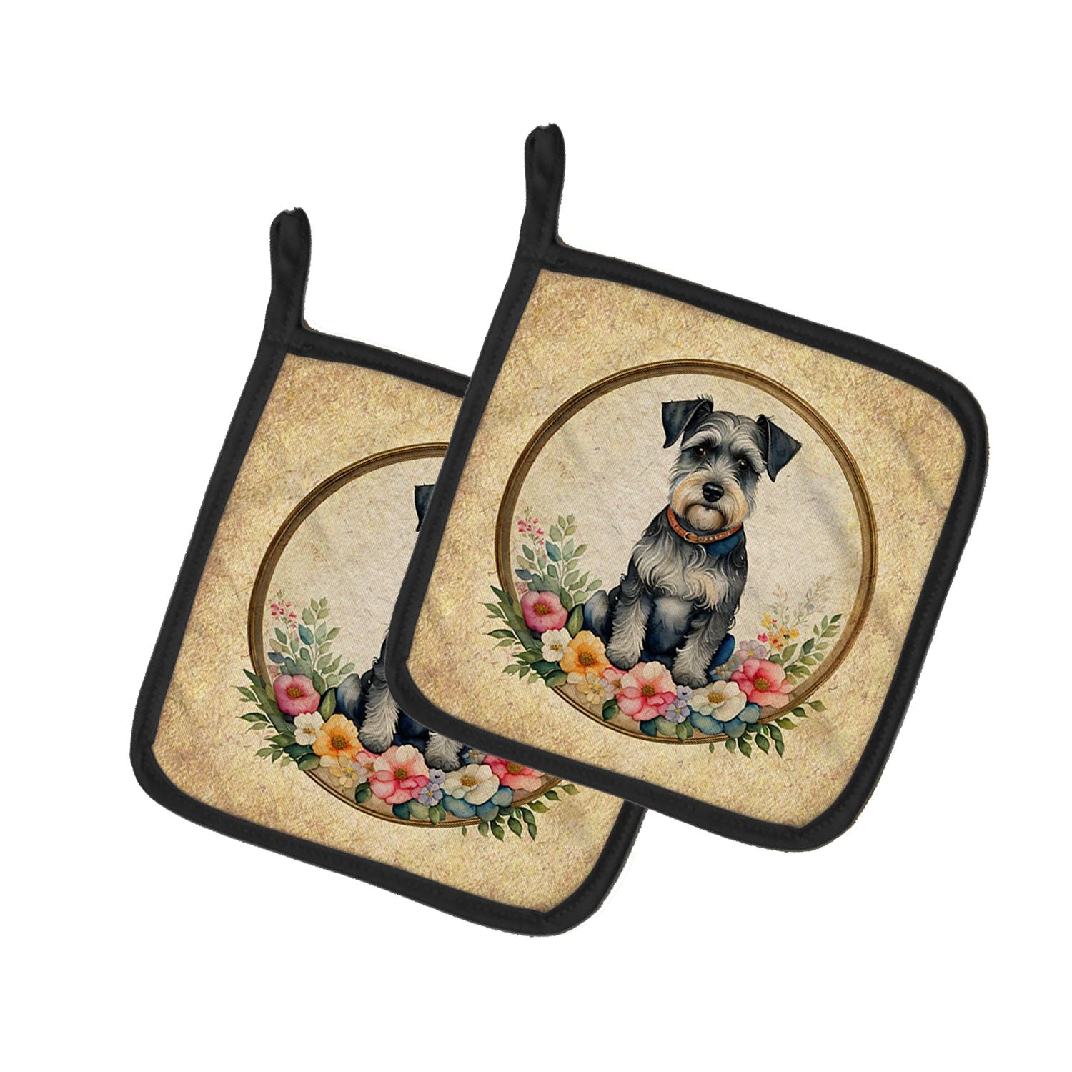 Schnauzer and Flowers Pair of Pot Holders Kitchen Heat Resistant Pot Holders Sets Oven Hot Pads for Cooking Baking BBQ, 7 1/2 x 