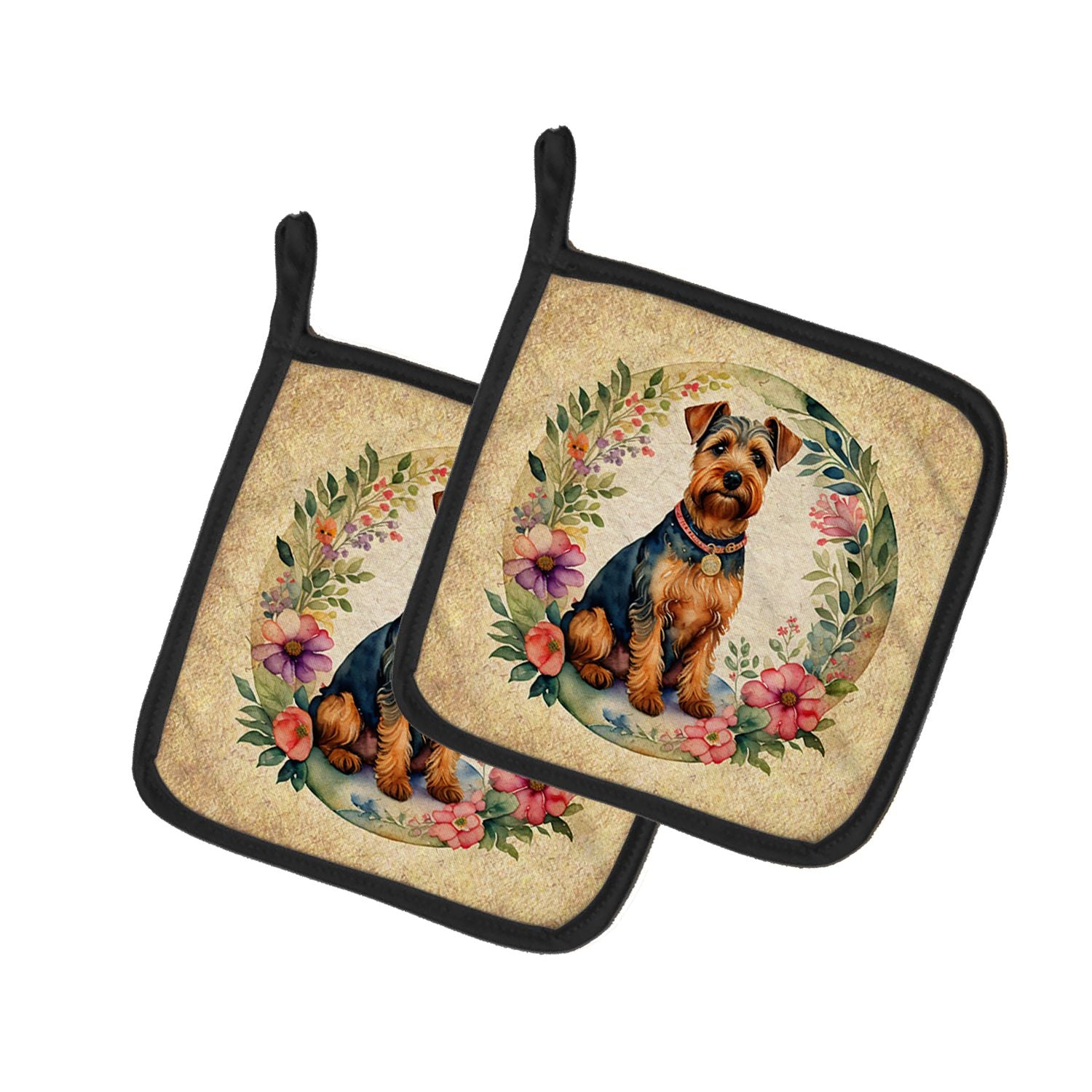 Welsh Terrier and Flowers Pair of Pot Holders Kitchen Heat Resistant Pot Holders Sets Oven Hot Pads for Cooking Baking BBQ, 7 1/