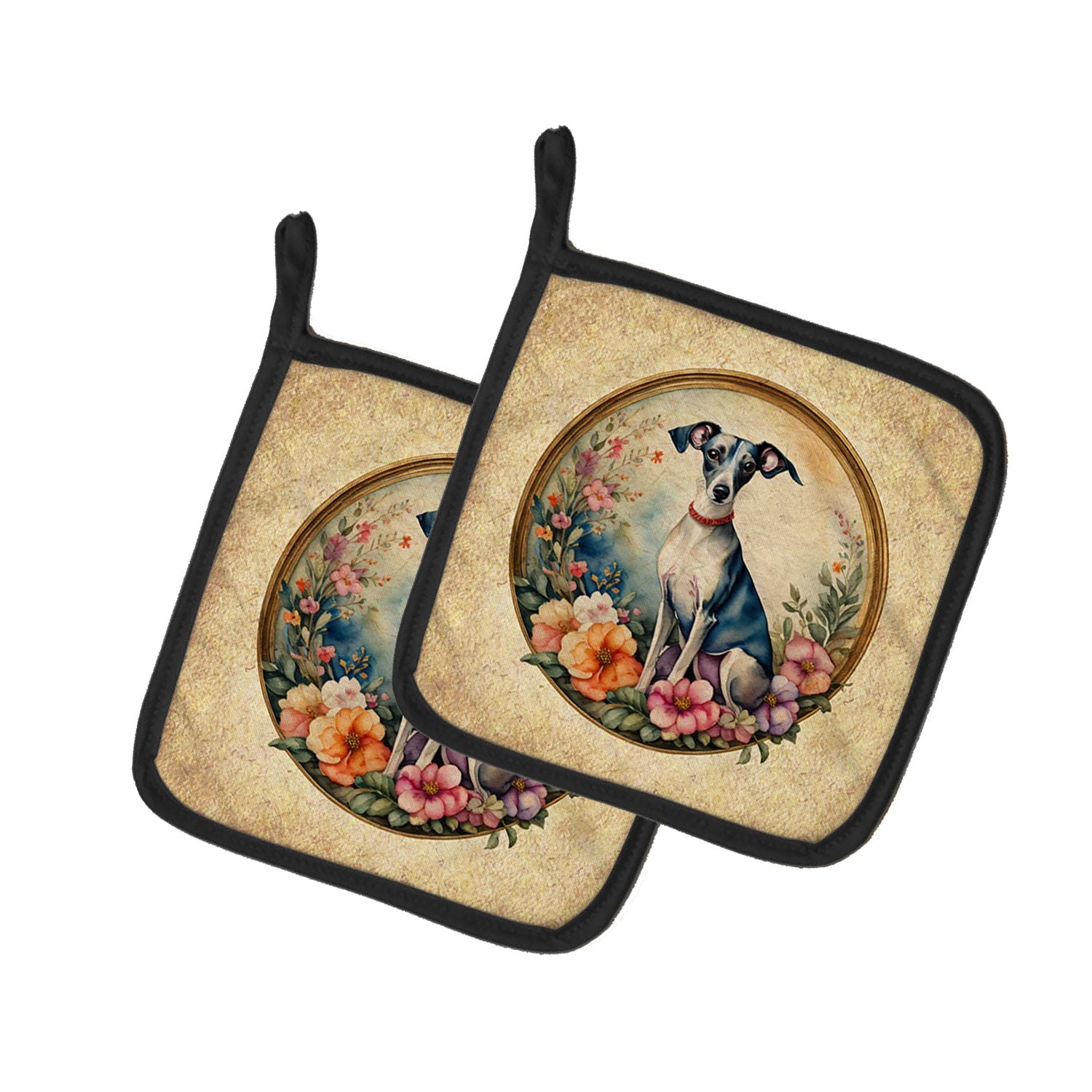 Italian Greyhound and Flowers Pair of Pot Holders Kitchen Heat Resistant Pot Holders Sets Oven Hot Pads for Cooking Baking BBQ, 