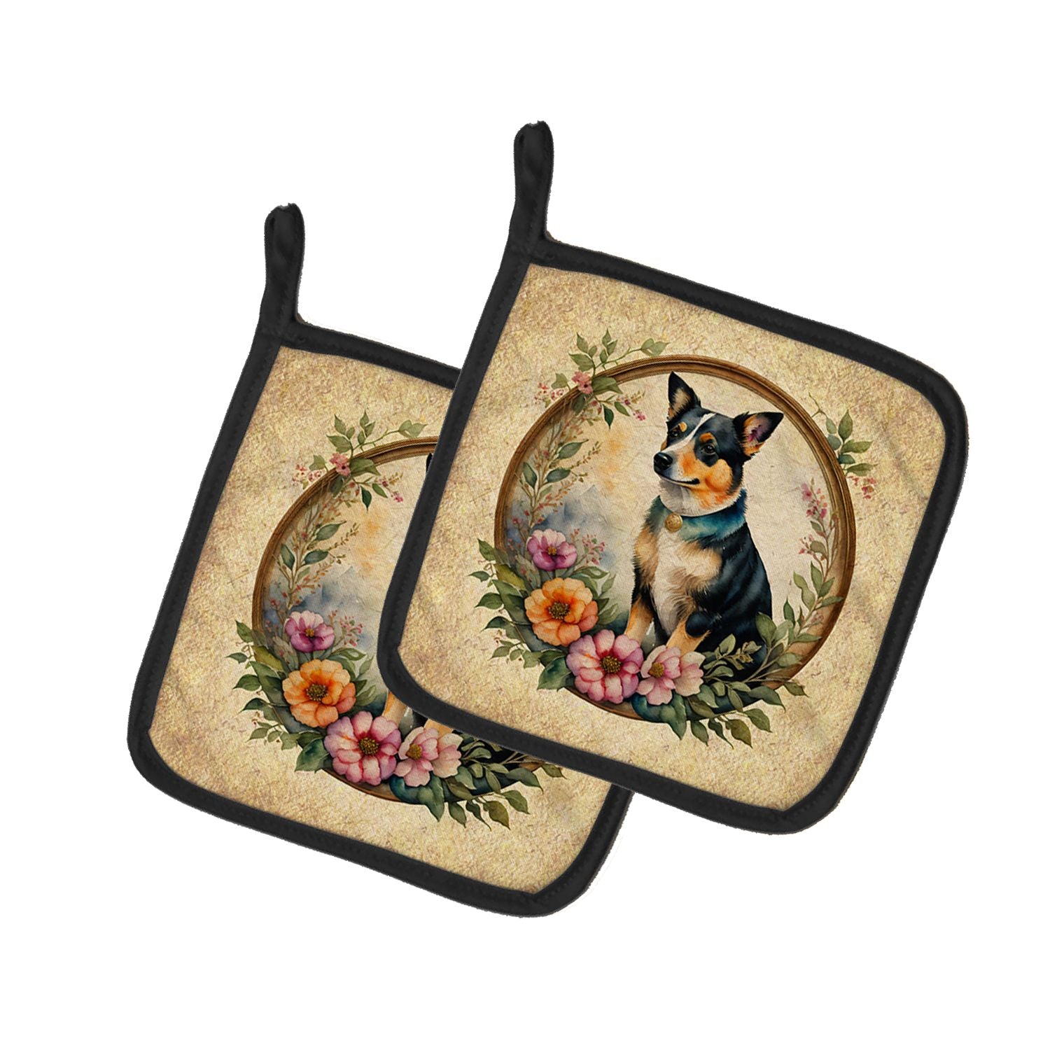 Lancashire Heeler and Flowers Pair of Pot Holders Kitchen Heat Resistant Pot Holders Sets Oven Hot Pads for Cooking Baking BBQ, 