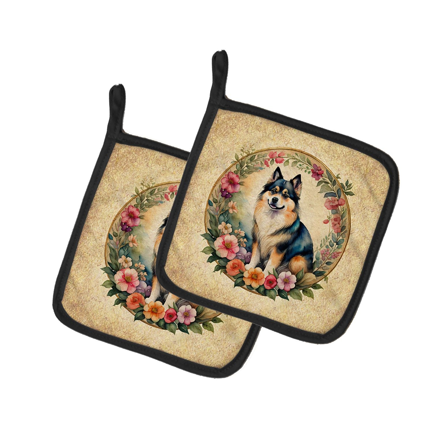Finnish Lapphund and Flowers Pair of Pot Holders Kitchen Heat Resistant Pot Holders Sets Oven Hot Pads for Cooking Baking BBQ, 7