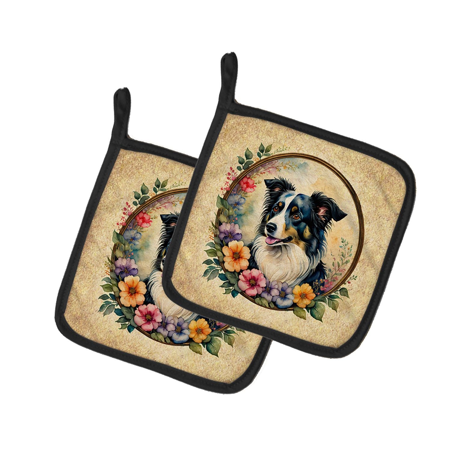 Border Collie and Flowers Pair of Pot Holders Kitchen Heat Resistant Pot Holders Sets Oven Hot Pads for Cooking Baking BBQ, 7 1/