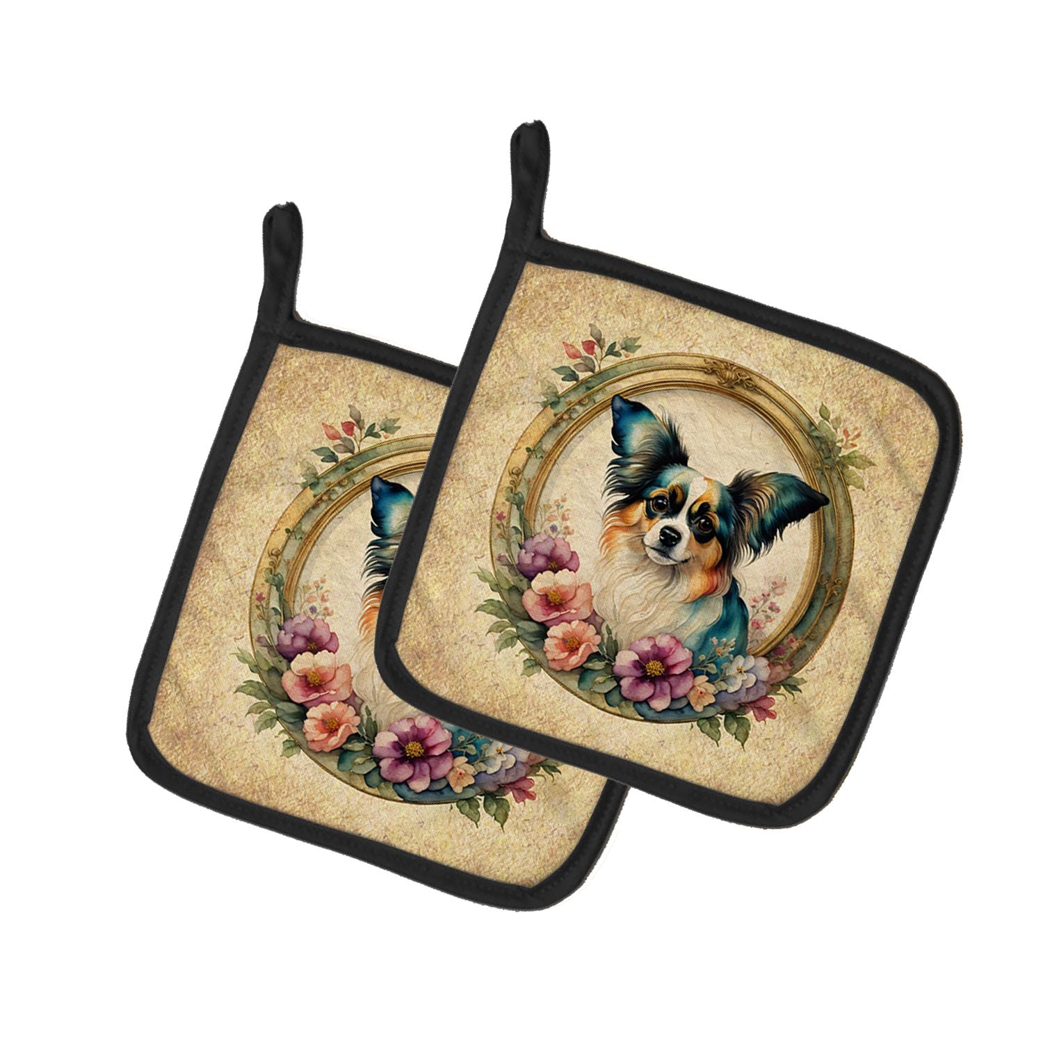 Papillon and Flowers Pair of Pot Holders Kitchen Heat Resistant Pot Holders Sets Oven Hot Pads for Cooking Baking BBQ, 7 1/2 x 7