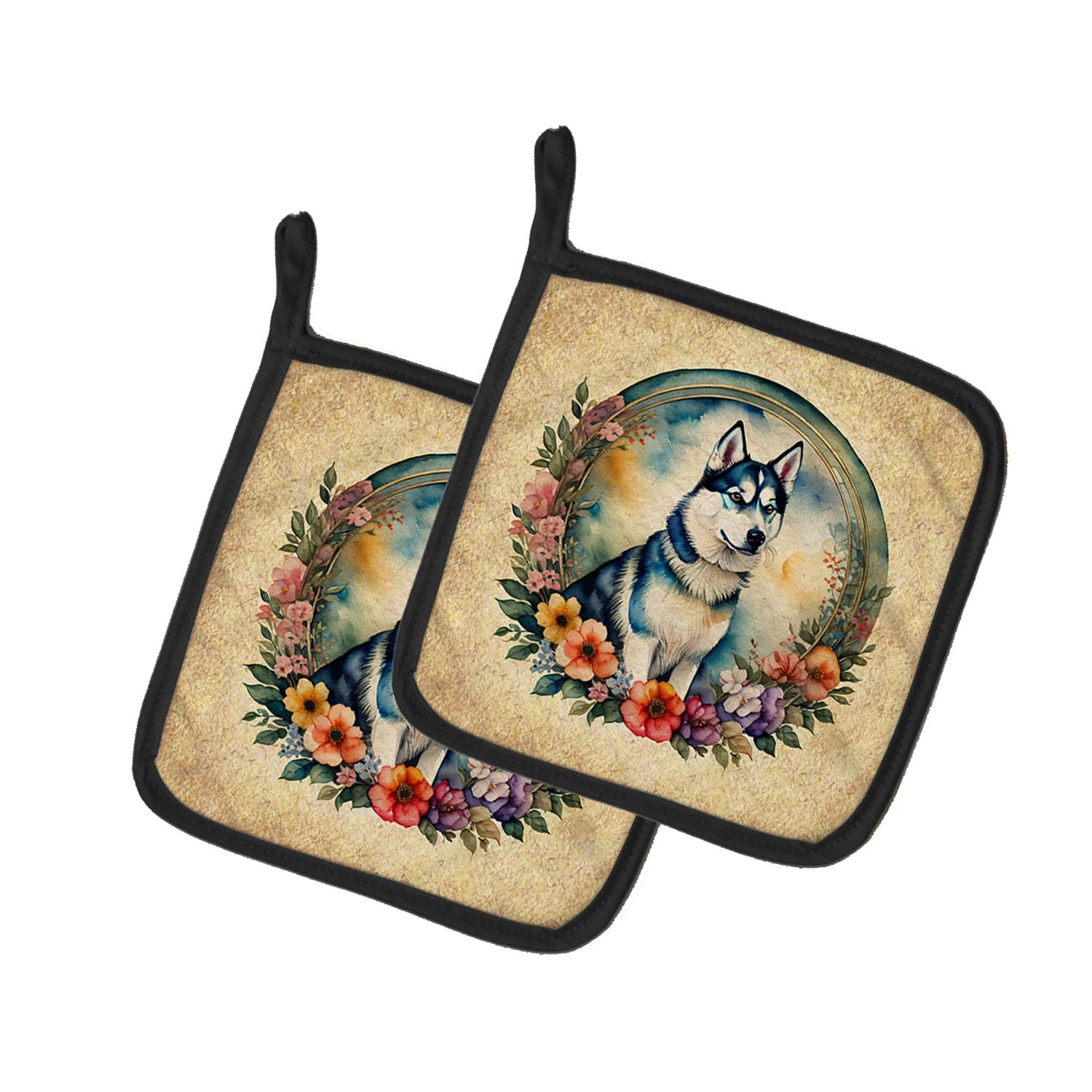 Siberian Husky and Flowers Pair of Pot Holders Kitchen Heat Resistant Pot Holders Sets Oven Hot Pads for Cooking Baking BBQ, 7 1