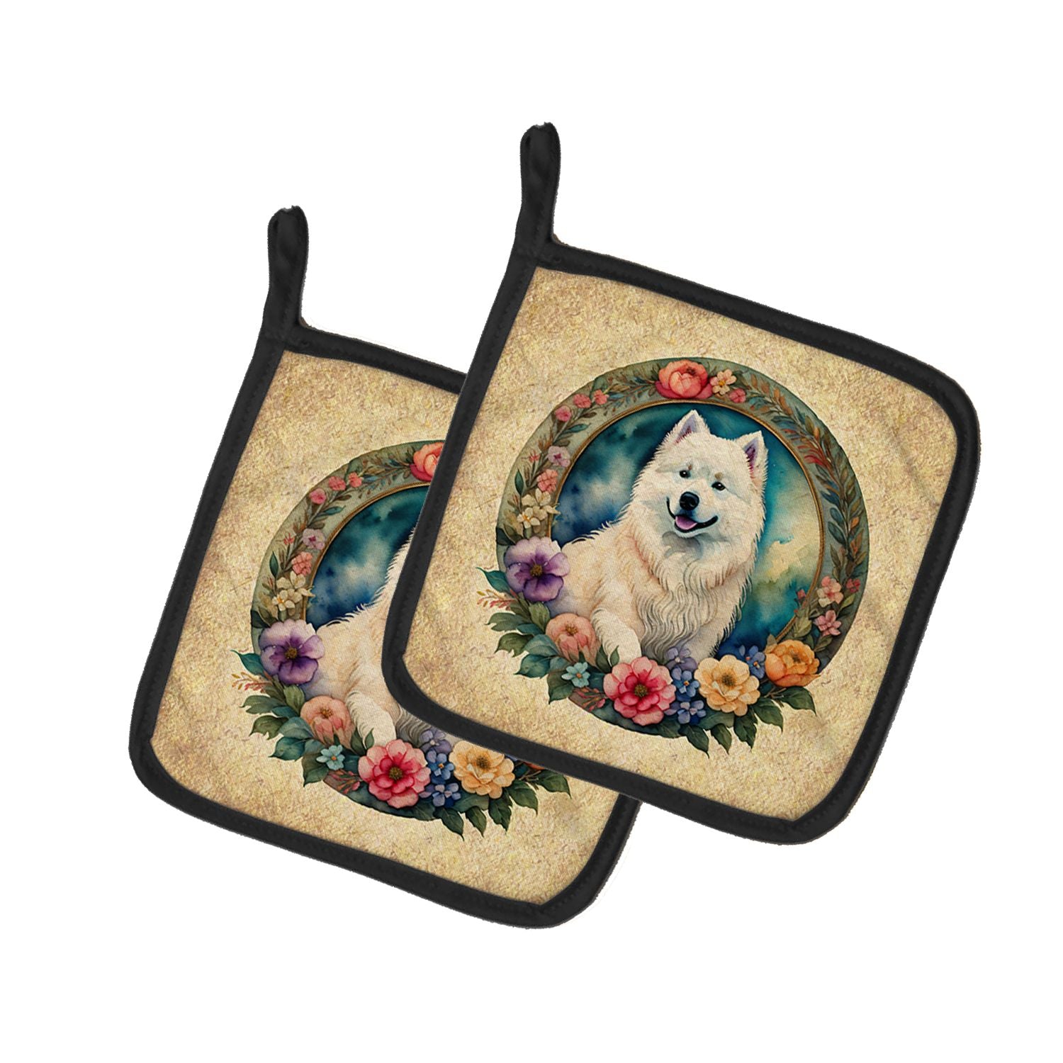 Samoyed and Flowers Pair of Pot Holders Kitchen Heat Resistant Pot Holders Sets Oven Hot Pads for Cooking Baking BBQ, 7 1/2 x 7 