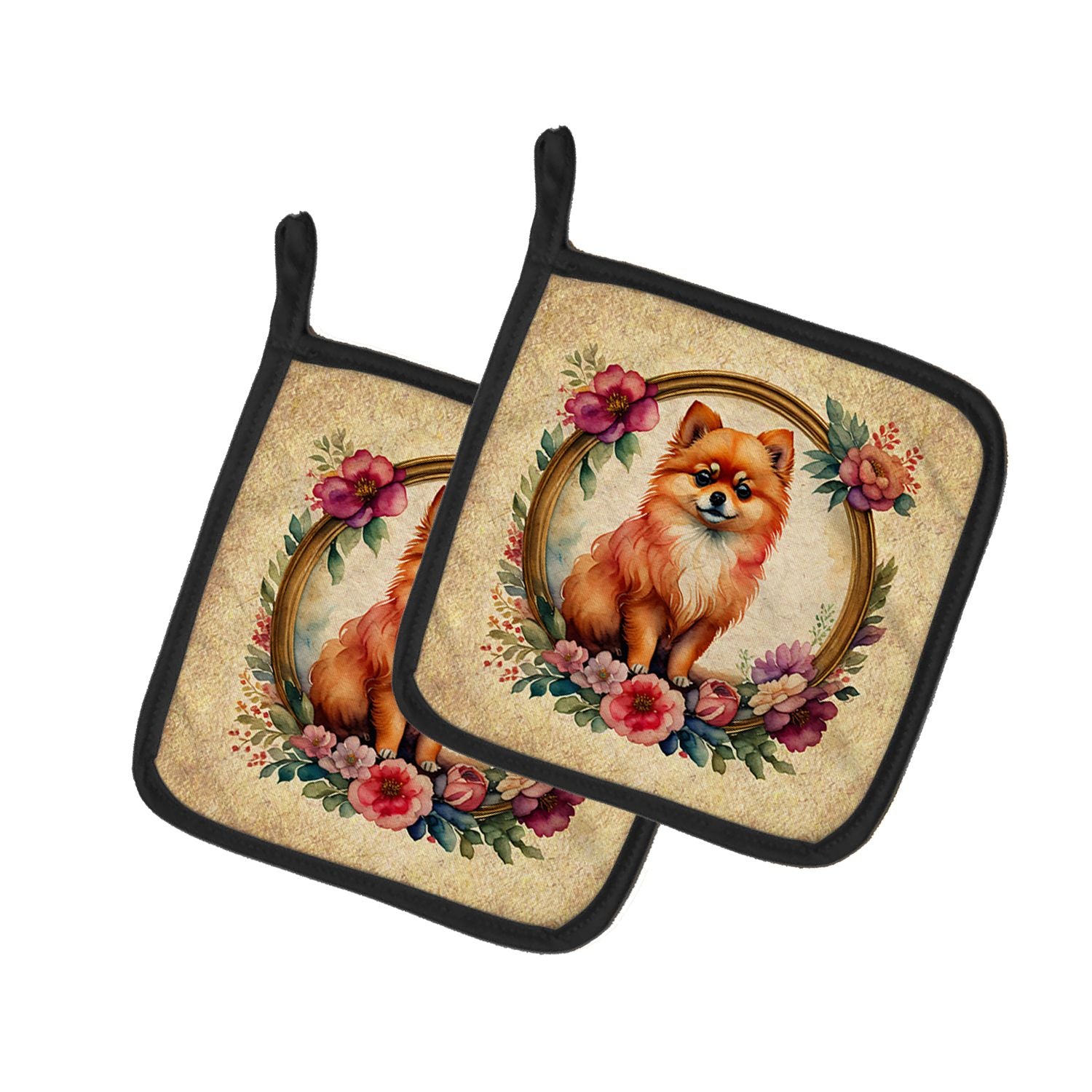 Pomeranian and Flowers Pair of Pot Holders Kitchen Heat Resistant Pot Holders Sets Oven Hot Pads for Cooking Baking BBQ, 7 1/2 x