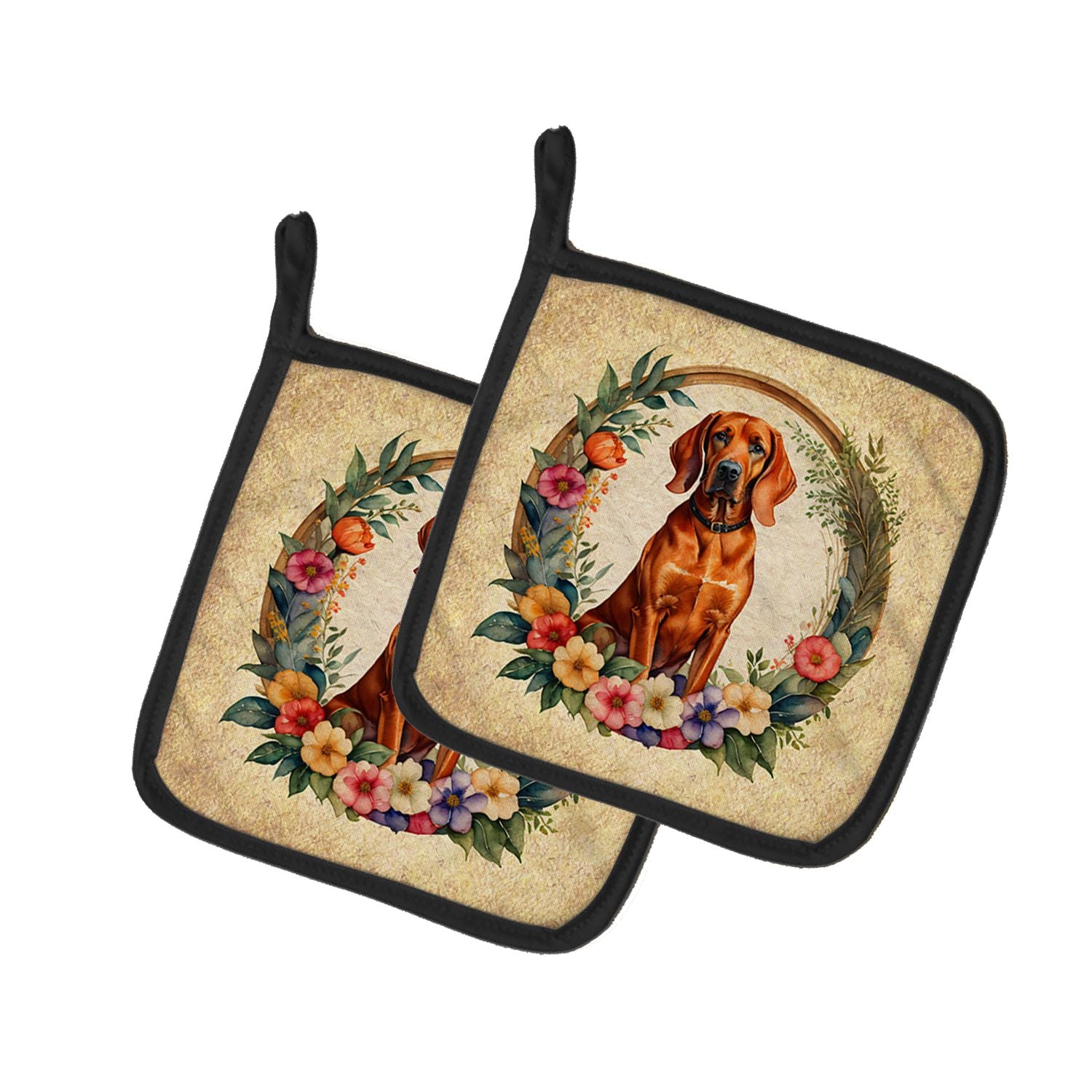 Redbone Coonhound and Flowers Pair of Pot Holders Kitchen Heat Resistant Pot Holders Sets Oven Hot Pads for Cooking Baking BBQ, 