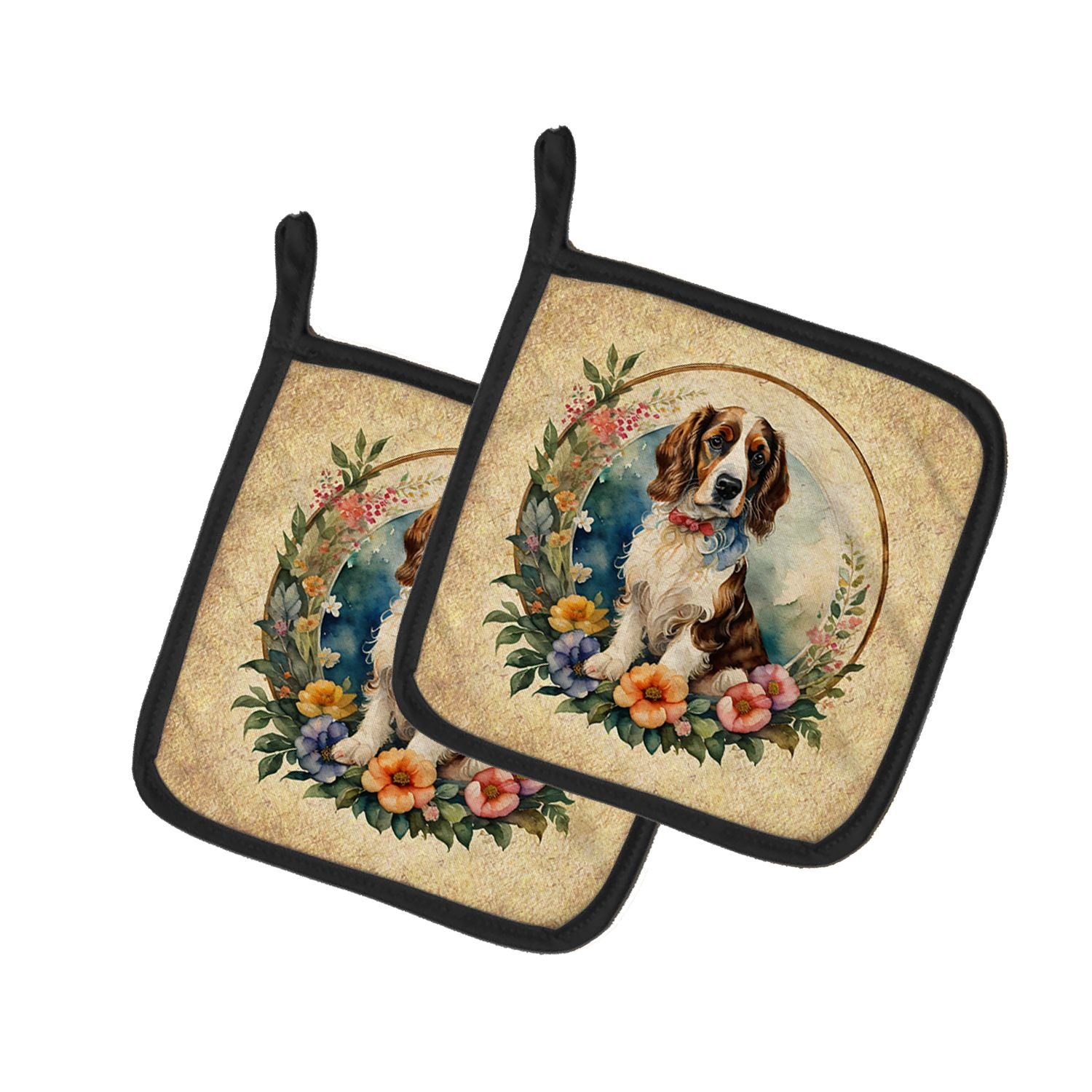 Welsh Springer Spaniel and Flowers Pair of Pot Holders Kitchen Heat Resistant Pot Holders Sets Oven Hot Pads for Cooking Baking 