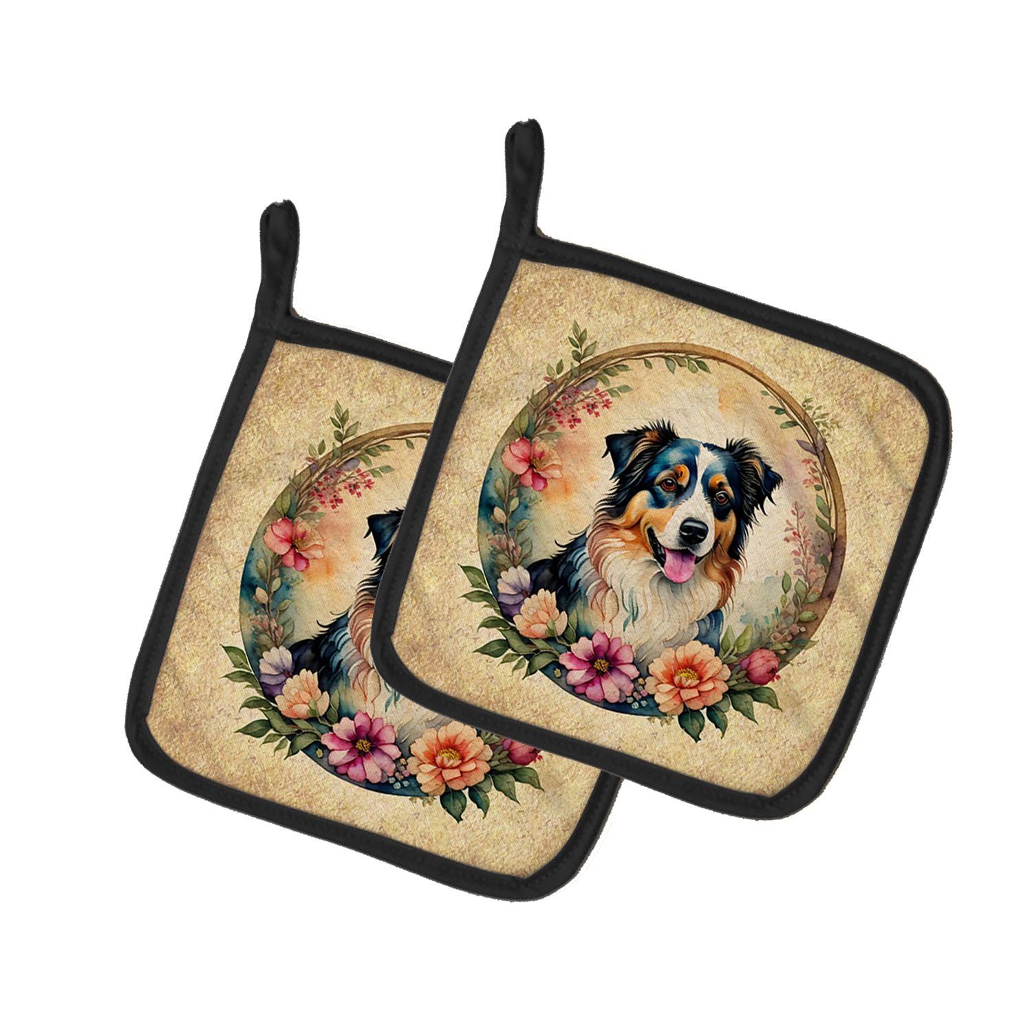 Australian Shepherd and Flowers Pair of Pot Holders Kitchen Heat Resistant Pot Holders Sets Oven Hot Pads for Cooking Baking BBQ