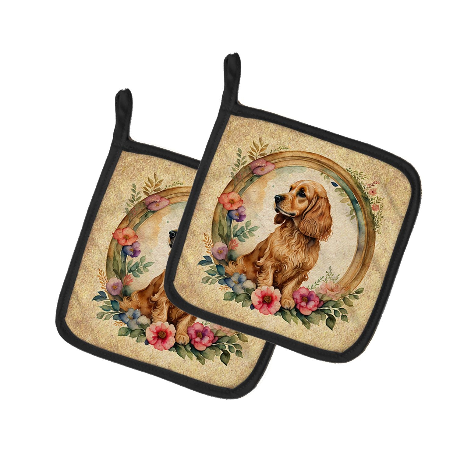 English Cocker Spaniel and Flowers Pair of Pot Holders Kitchen Heat Resistant Pot Holders Sets Oven Hot Pads for Cooking Baking 