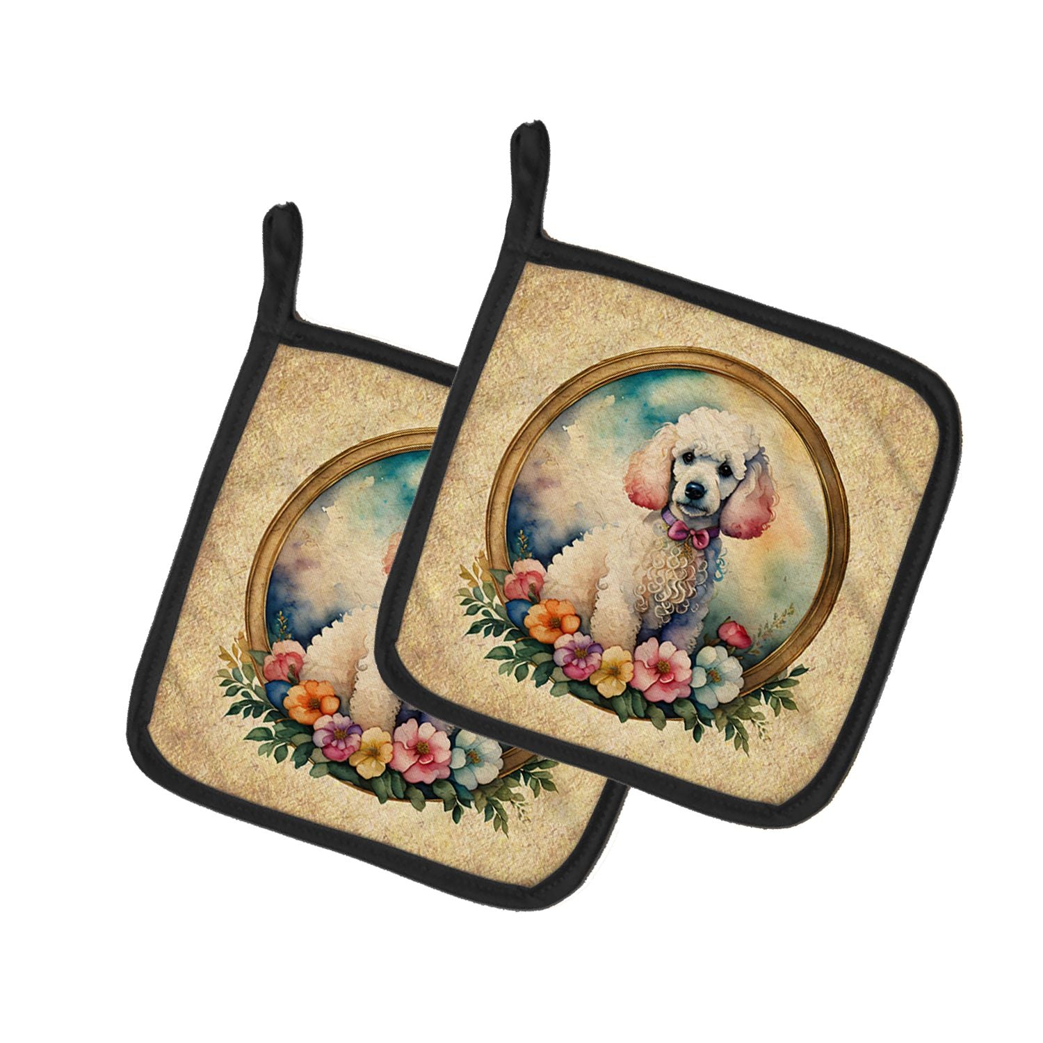 White Poodle and Flowers Pair of Pot Holders Kitchen Heat Resistant Pot Holders Sets Oven Hot Pads for Cooking Baking BBQ, 7 1/2