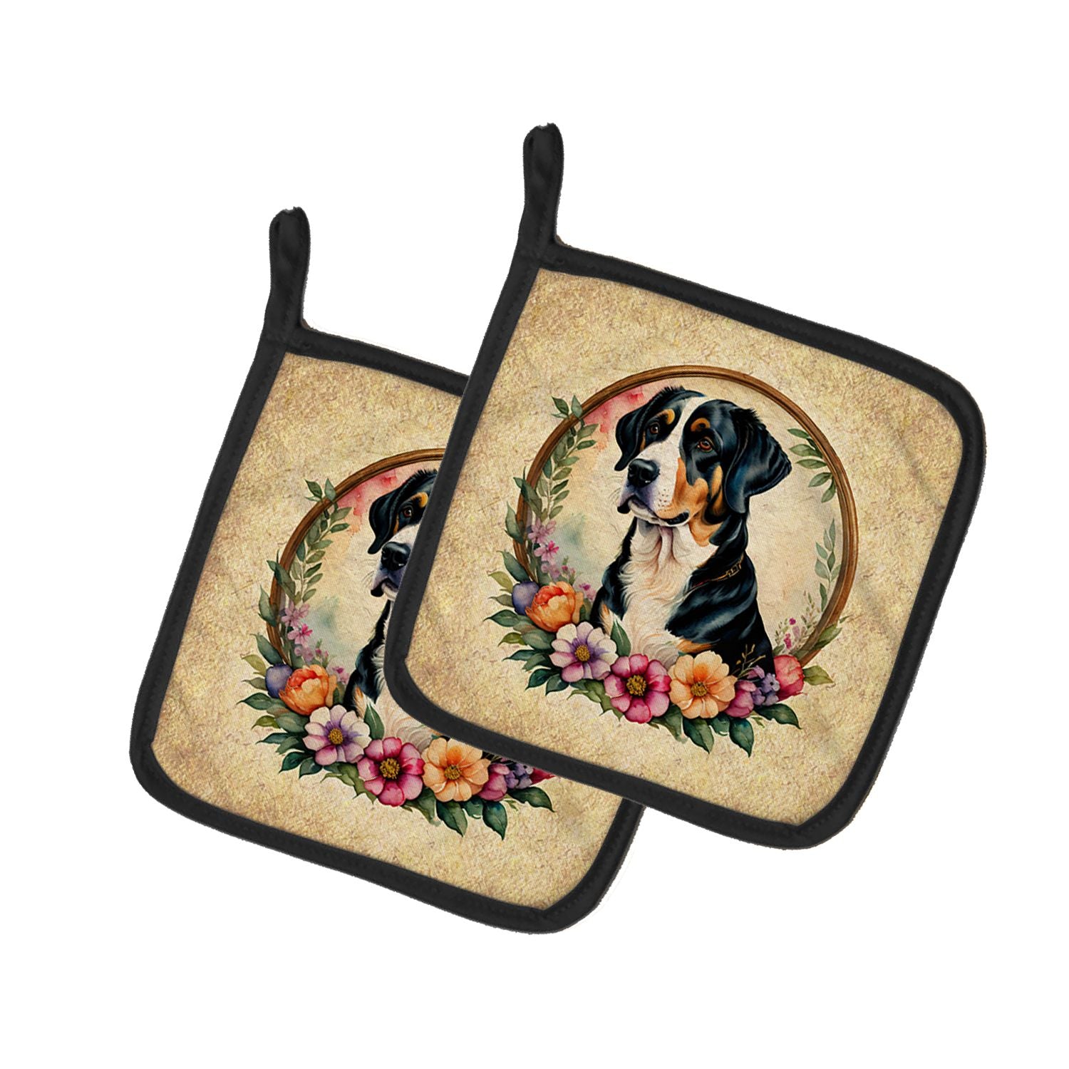 Greater Swiss Mountain Dog and Flowers Pair of Pot Holders Kitchen Heat Resistant Pot Holders Sets Oven Hot Pads for Cooking Bak
