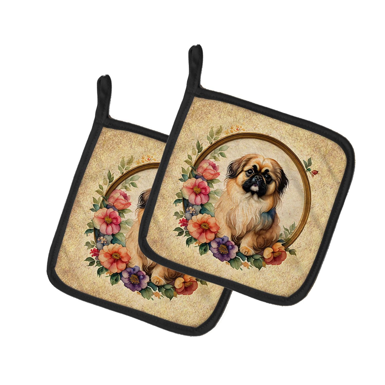 Pekingese and Flowers Pair of Pot Holders Kitchen Heat Resistant Pot Holders Sets Oven Hot Pads for Cooking Baking BBQ, 7 1/2 x 