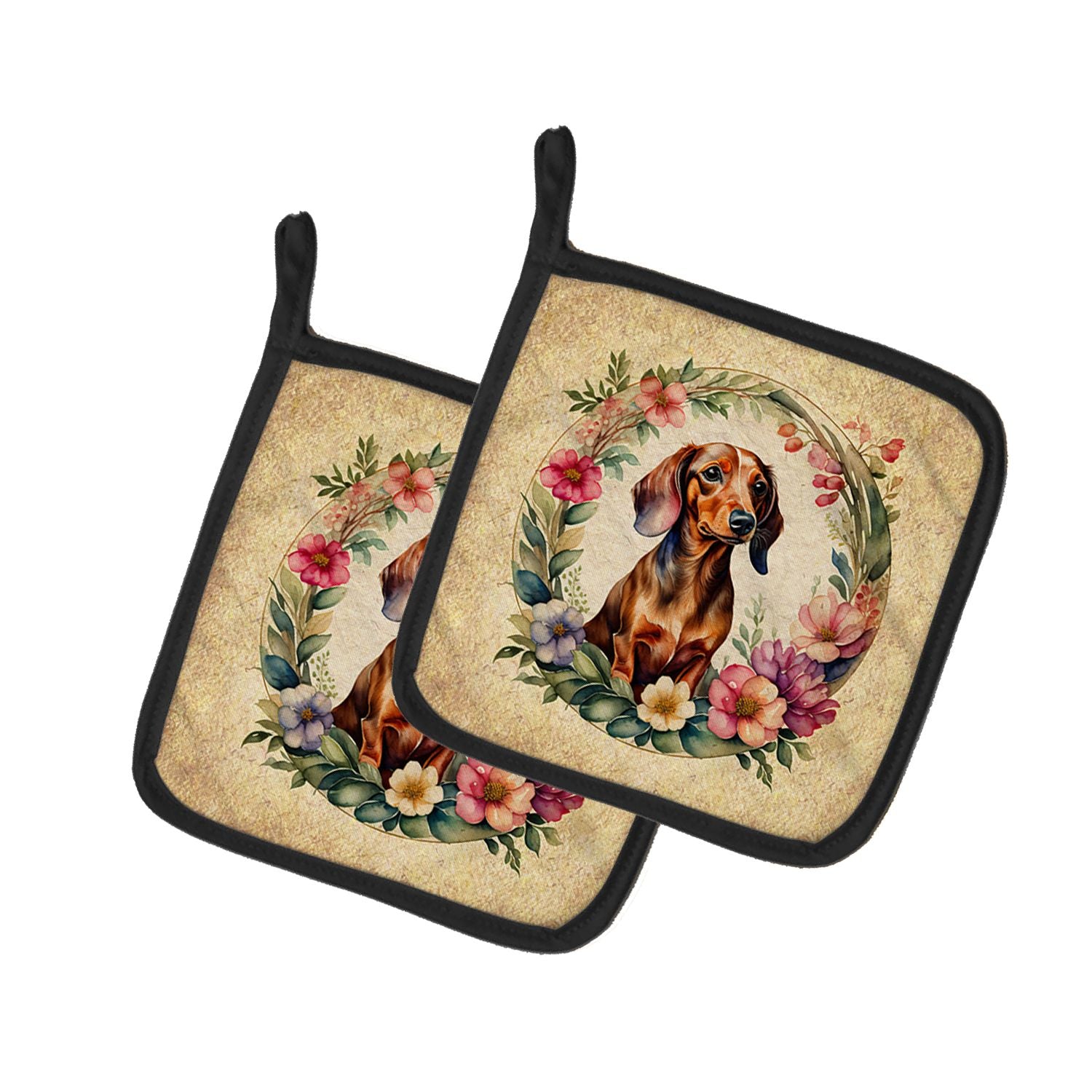 Dachshund and Flowers Pair of Pot Holders Kitchen Heat Resistant Pot Holders Sets Oven Hot Pads for Cooking Baking BBQ, 7 1/2 x 