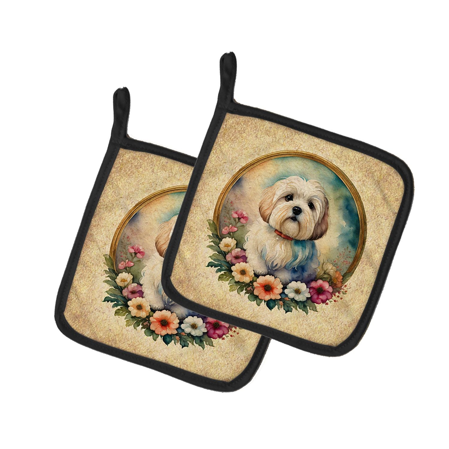 Coton De Tulear and Flowers Pair of Pot Holders Kitchen Heat Resistant Pot Holders Sets Oven Hot Pads for Cooking Baking BBQ, 7 