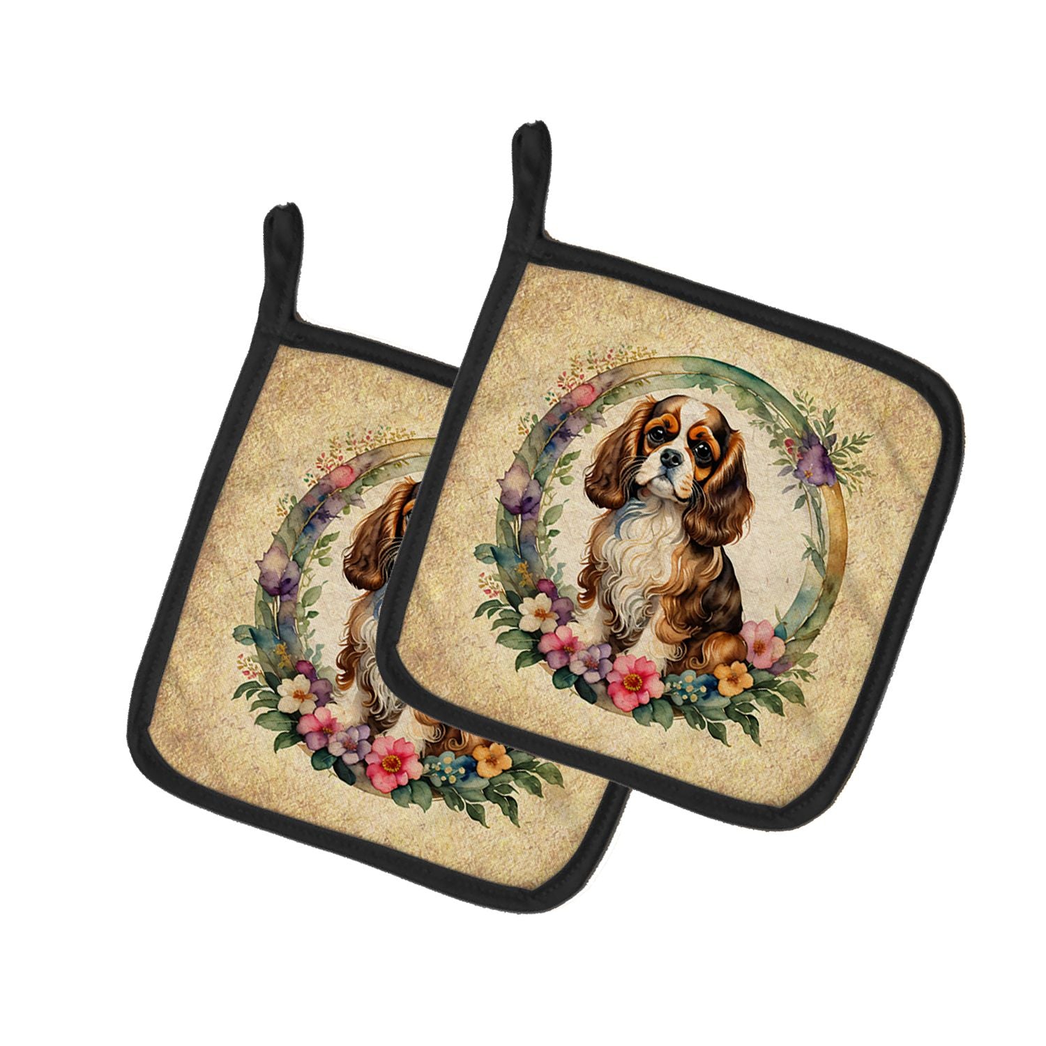 Cavalier Spaniel and Flowers Pair of Pot Holders Kitchen Heat Resistant Pot Holders Sets Oven Hot Pads for Cooking Baking BBQ, 7