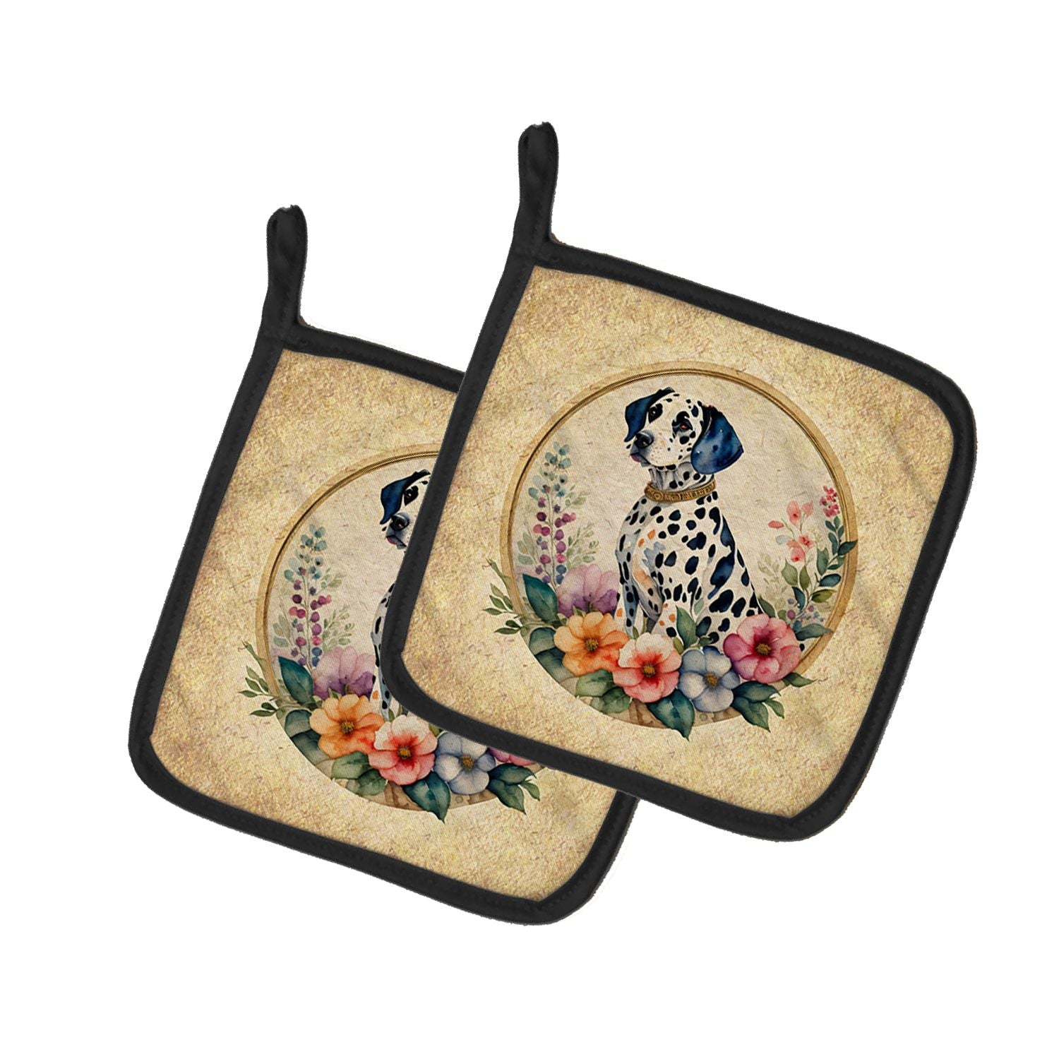 Dalmatian and Flowers Pair of Pot Holders Kitchen Heat Resistant Pot Holders Sets Oven Hot Pads for Cooking Baking BBQ, 7 1/2 x 