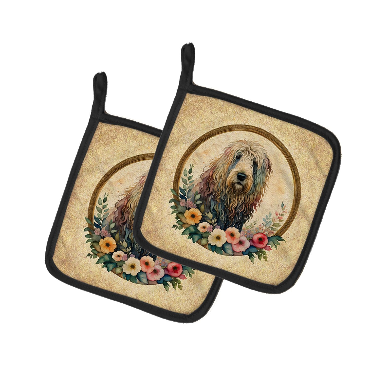 Komondor and Flowers Pair of Pot Holders Kitchen Heat Resistant Pot Holders Sets Oven Hot Pads for Cooking Baking BBQ, 7 1/2 x 7
