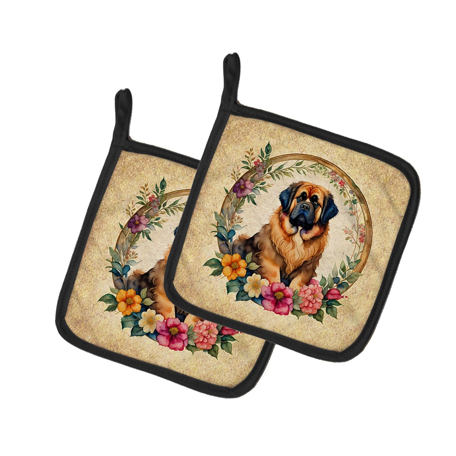 Tibetan Mastiff and Flowers Pair of Pot Holders Kitchen Heat Resistant Pot Holders Sets Oven Hot Pads for Cooking Baking BBQ, 7 