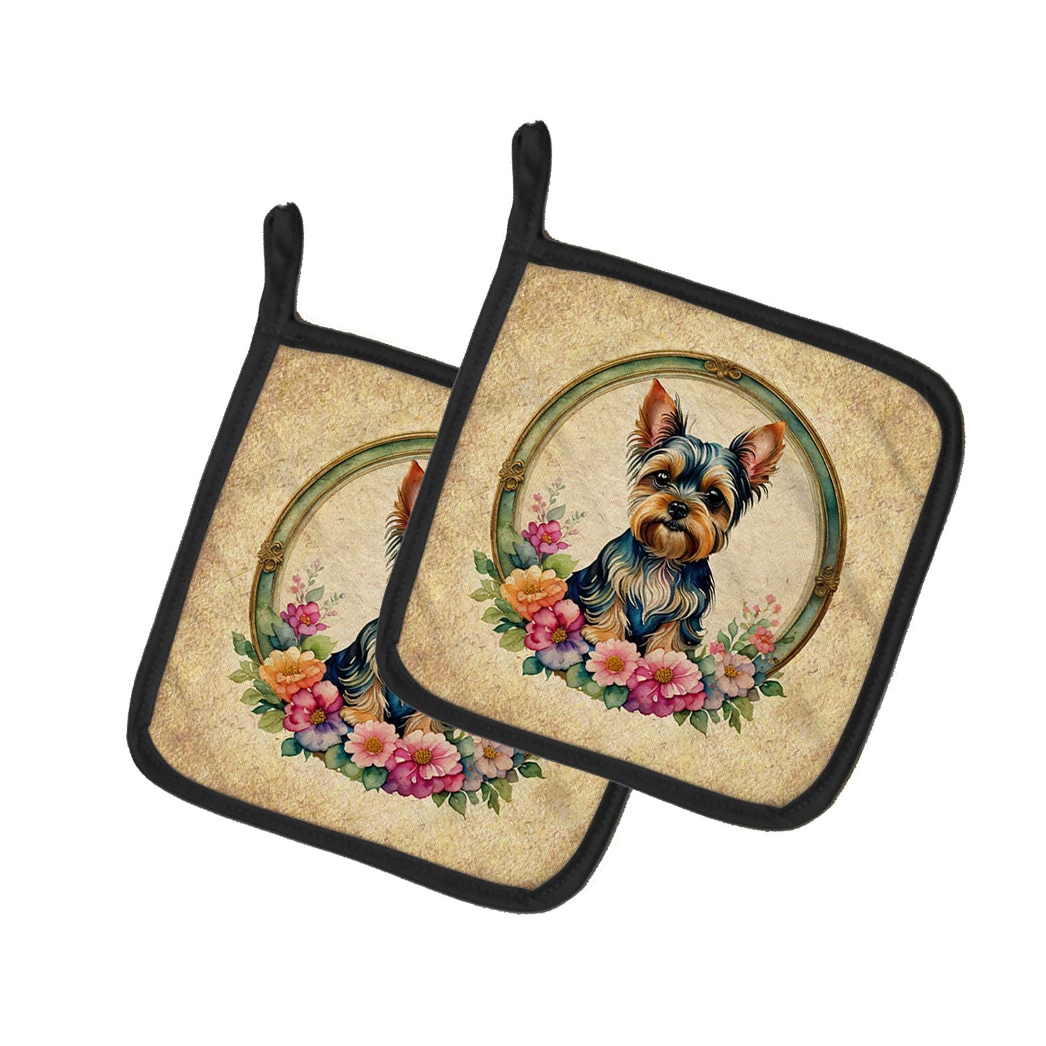 Yorkshire Terrier and Flowers Pair of Pot Holders Kitchen Heat Resistant Pot Holders Sets Oven Hot Pads for Cooking Baking BBQ, 