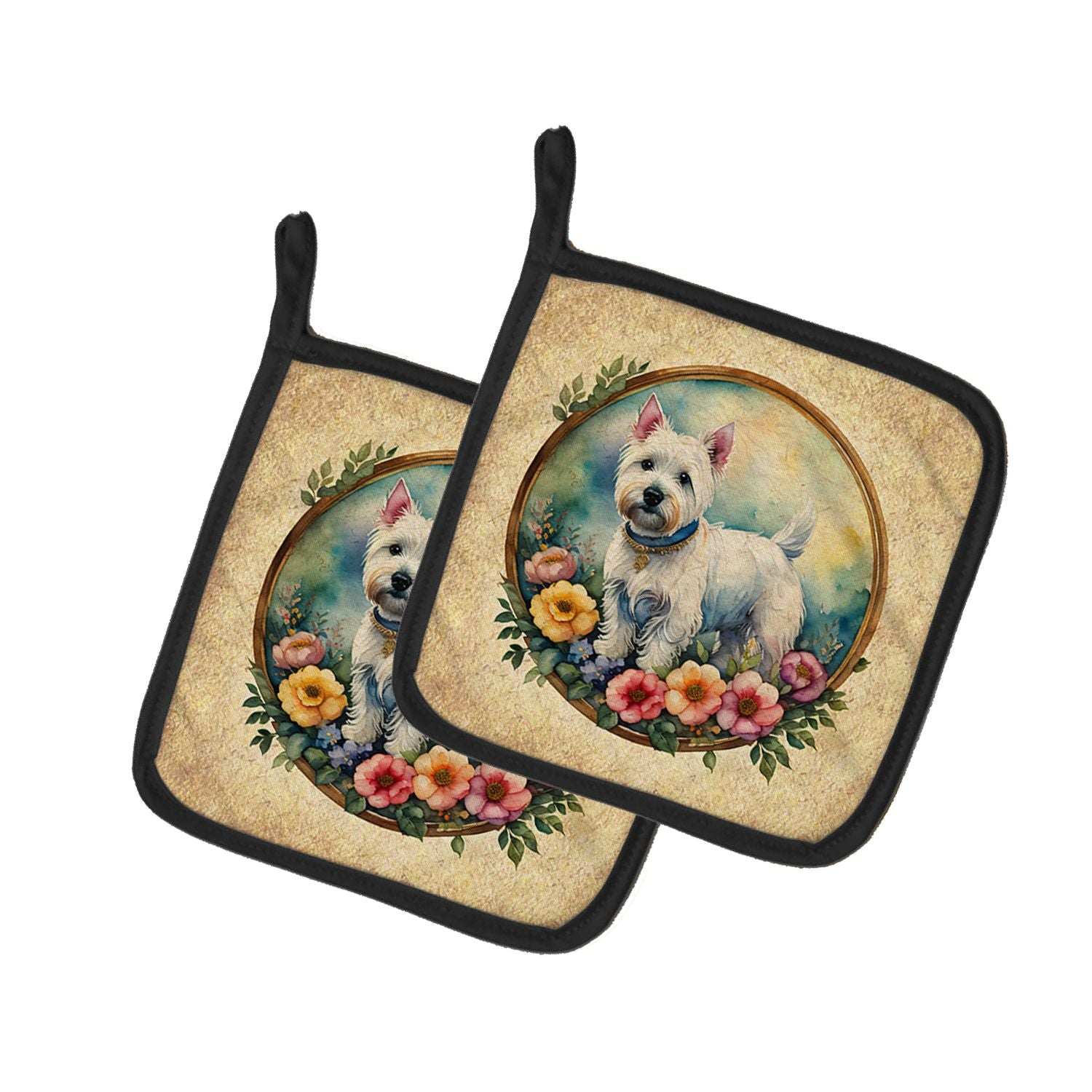 Westie and Flowers Pair of Pot Holders Kitchen Heat Resistant Pot Holders Sets Oven Hot Pads for Cooking Baking BBQ, 7 1/2 x 7 1