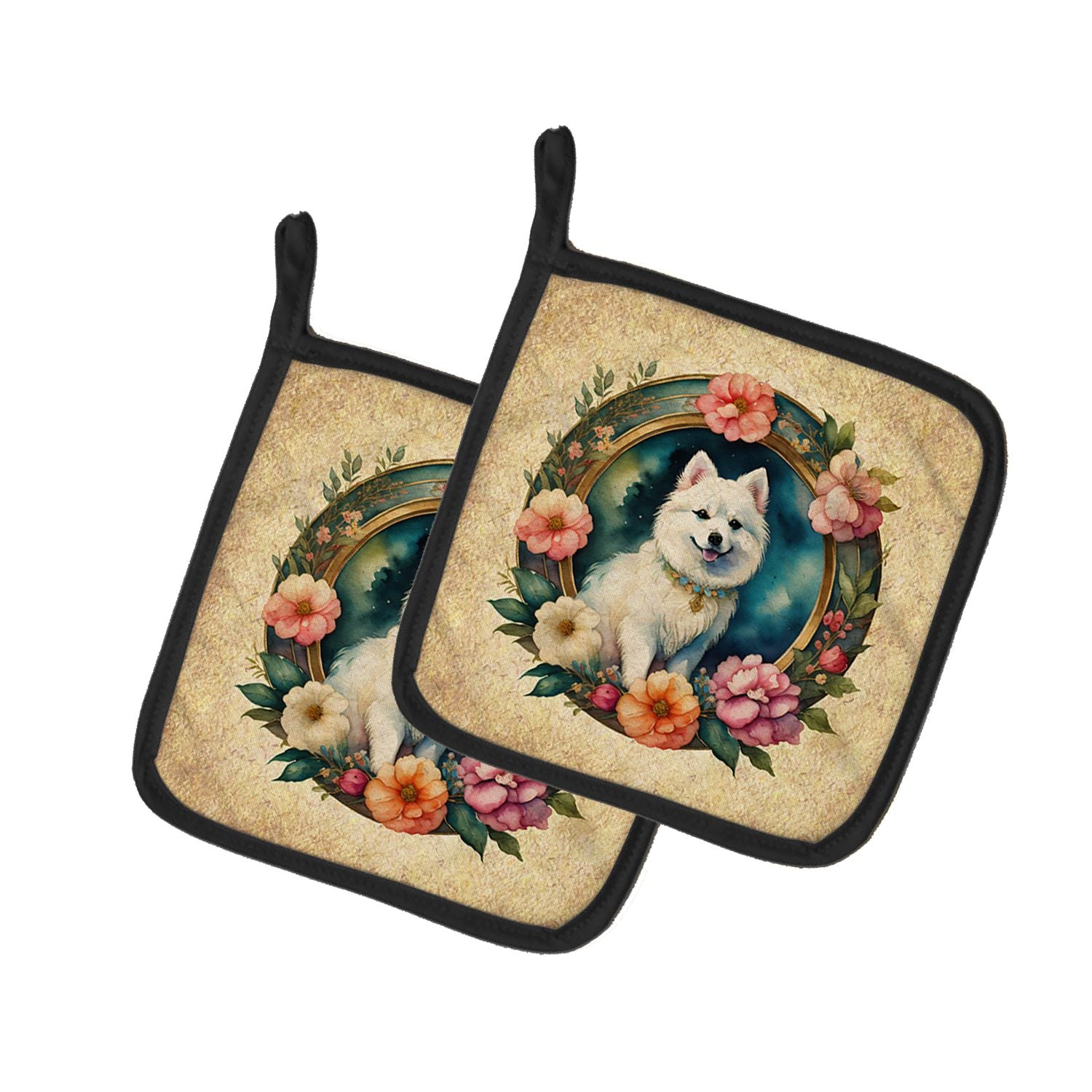 Japanese Spitz and Flowers Pair of Pot Holders Kitchen Heat Resistant Pot Holders Sets Oven Hot Pads for Cooking Baking BBQ, 7 1