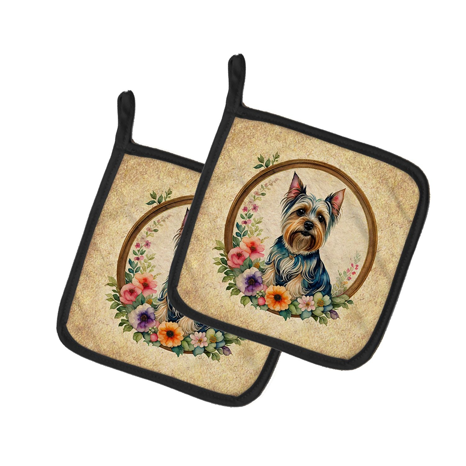 Silky Terrier and Flowers Pair of Pot Holders Kitchen Heat Resistant Pot Holders Sets Oven Hot Pads for Cooking Baking BBQ, 7 1/