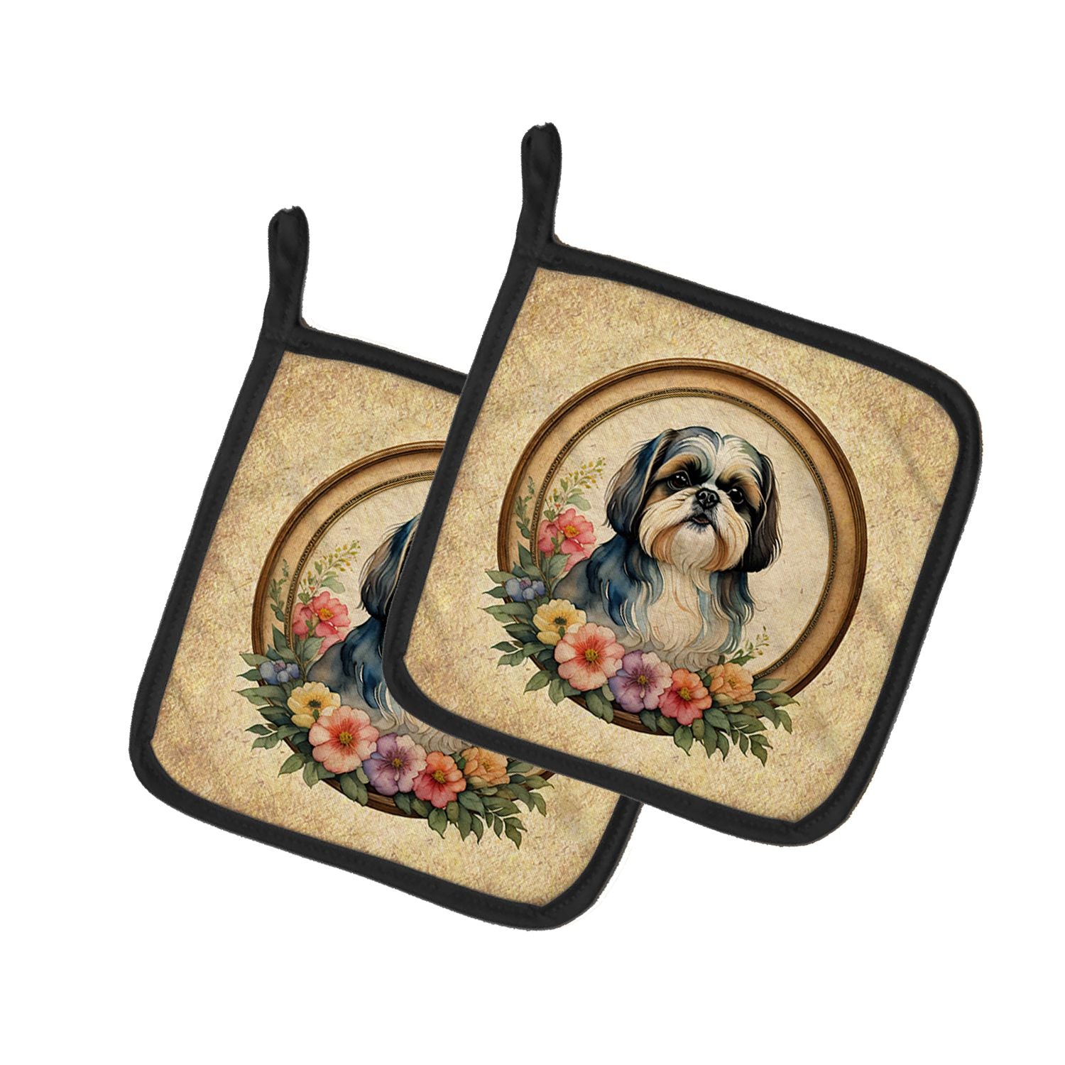 Shih Tzu and Flowers Pair of Pot Holders Kitchen Heat Resistant Pot Holders Sets Oven Hot Pads for Cooking Baking BBQ, 7 1/2 x 7