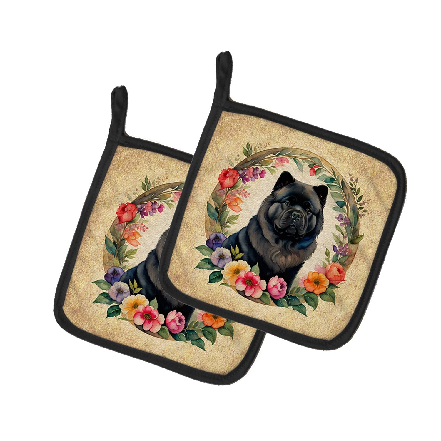 Black Chow Chow and Flowers Pair of Pot Holders Kitchen Heat Resistant Pot Holders Sets Oven Hot Pads for Cooking Baking BBQ, 7 