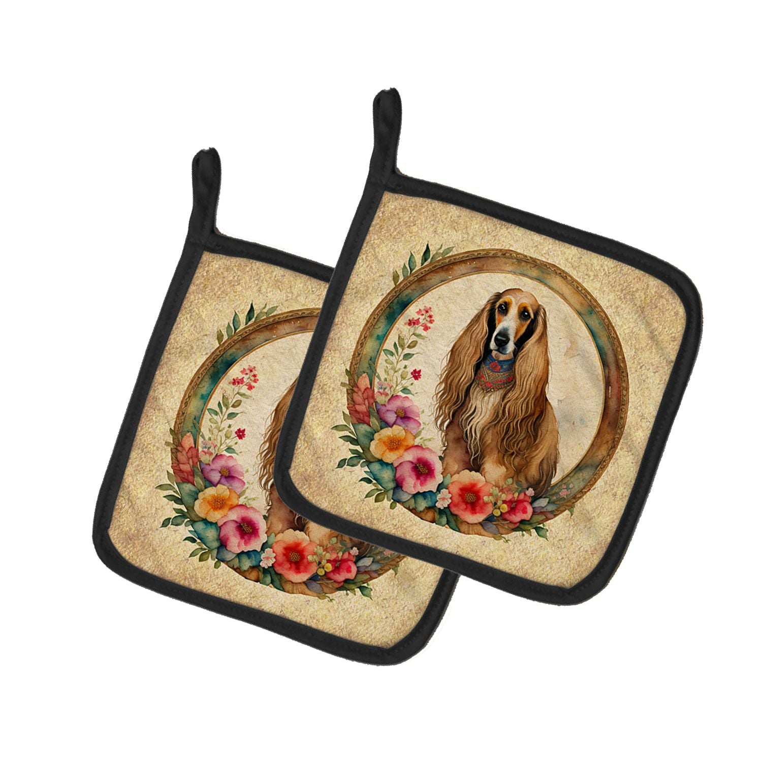 Afghan Hound and Flowers Pair of Pot Holders Kitchen Heat Resistant Pot Holders Sets Oven Hot Pads for Cooking Baking BBQ, 7 1/2