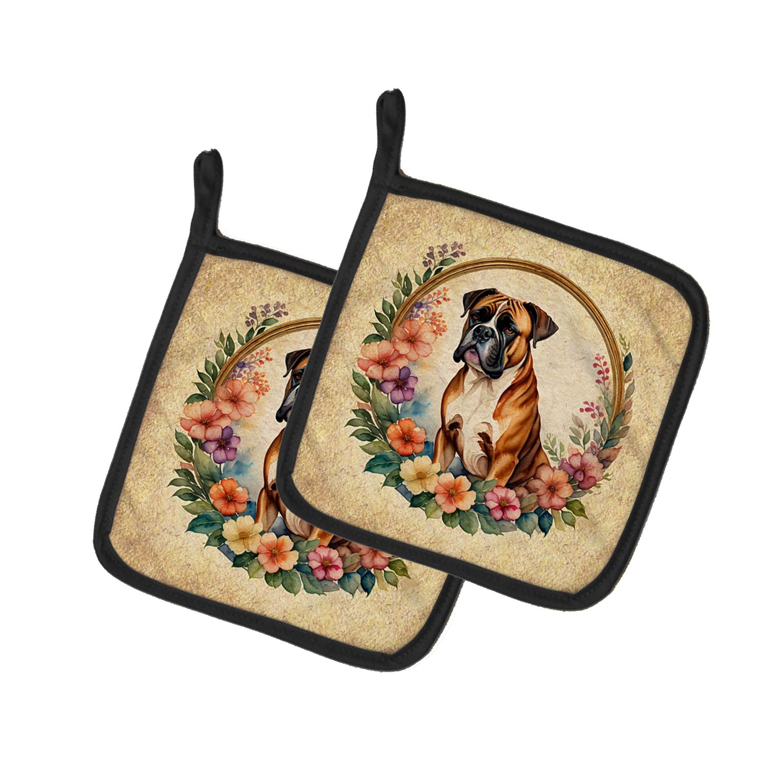 Boxer and Flowers Pair of Pot Holders Kitchen Heat Resistant Pot Holders Sets Oven Hot Pads for Cooking Baking BBQ, 7 1/2 x 7 1/