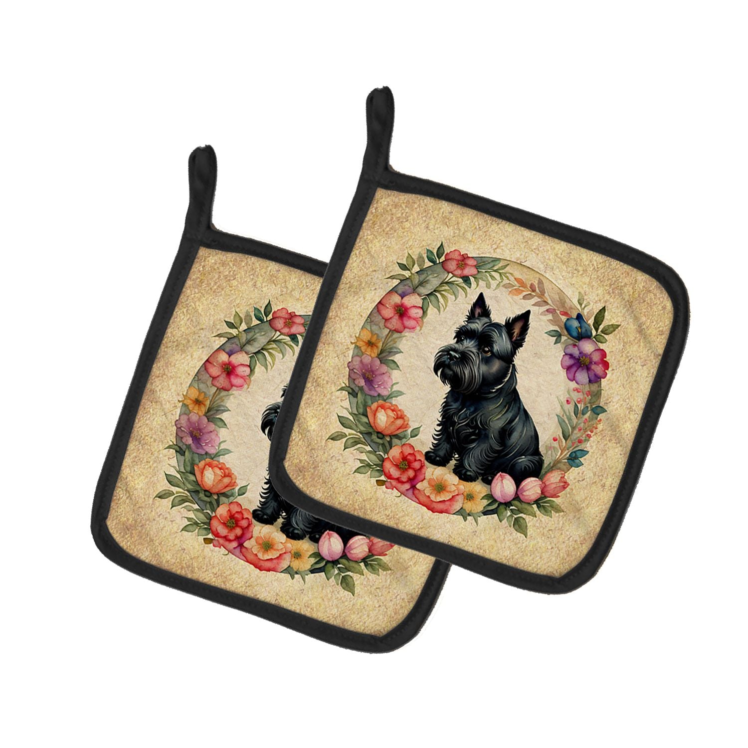 Scottish Terrier and Flowers Pair of Pot Holders Kitchen Heat Resistant Pot Holders Sets Oven Hot Pads for Cooking Baking BBQ, 7