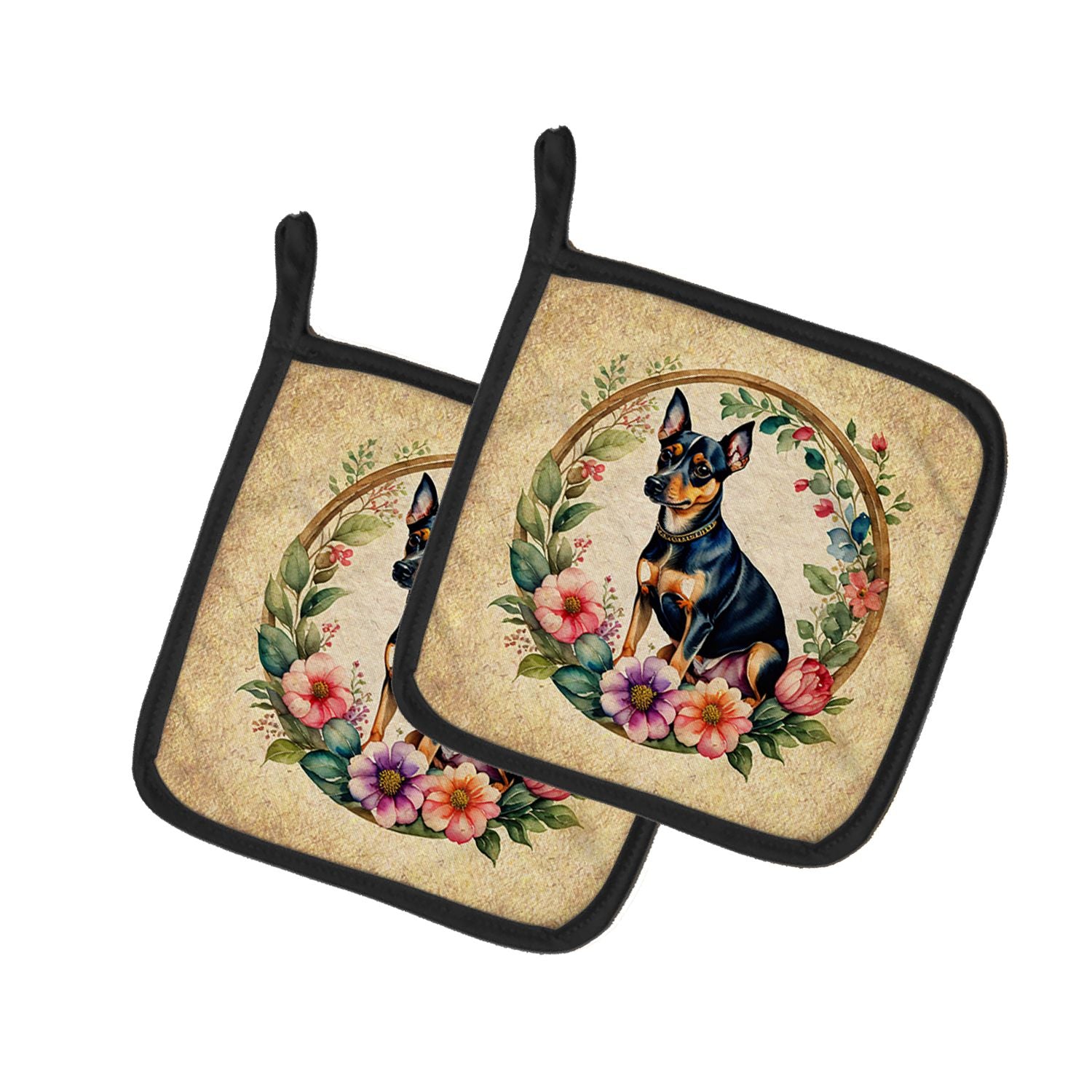 Miniature Pinscher and Flowers Pair of Pot Holders Kitchen Heat Resistant Pot Holders Sets Oven Hot Pads for Cooking Baking BBQ,