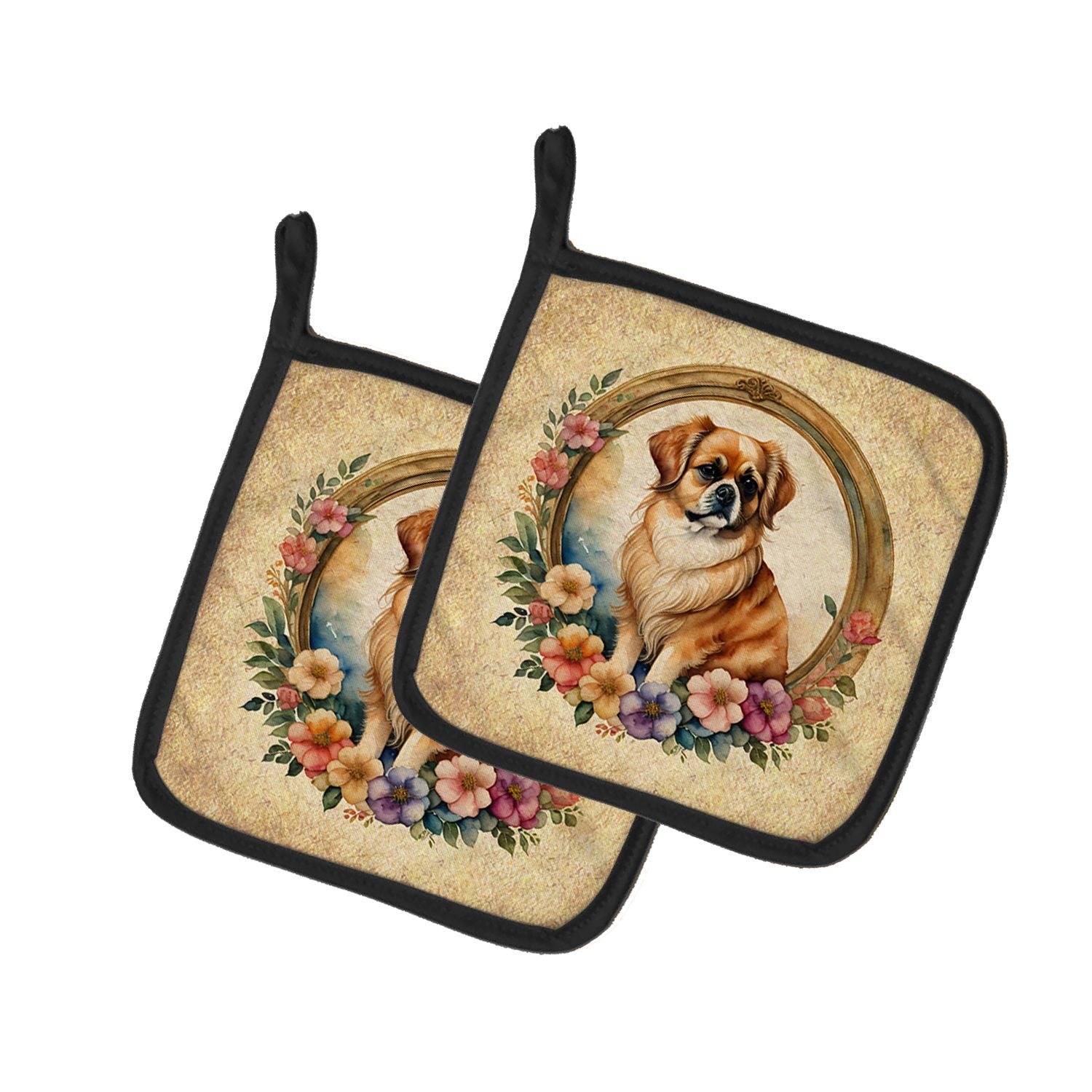 Tibetan Spaniel and Flowers Pair of Pot Holders Kitchen Heat Resistant Pot Holders Sets Oven Hot Pads for Cooking Baking BBQ, 7 
