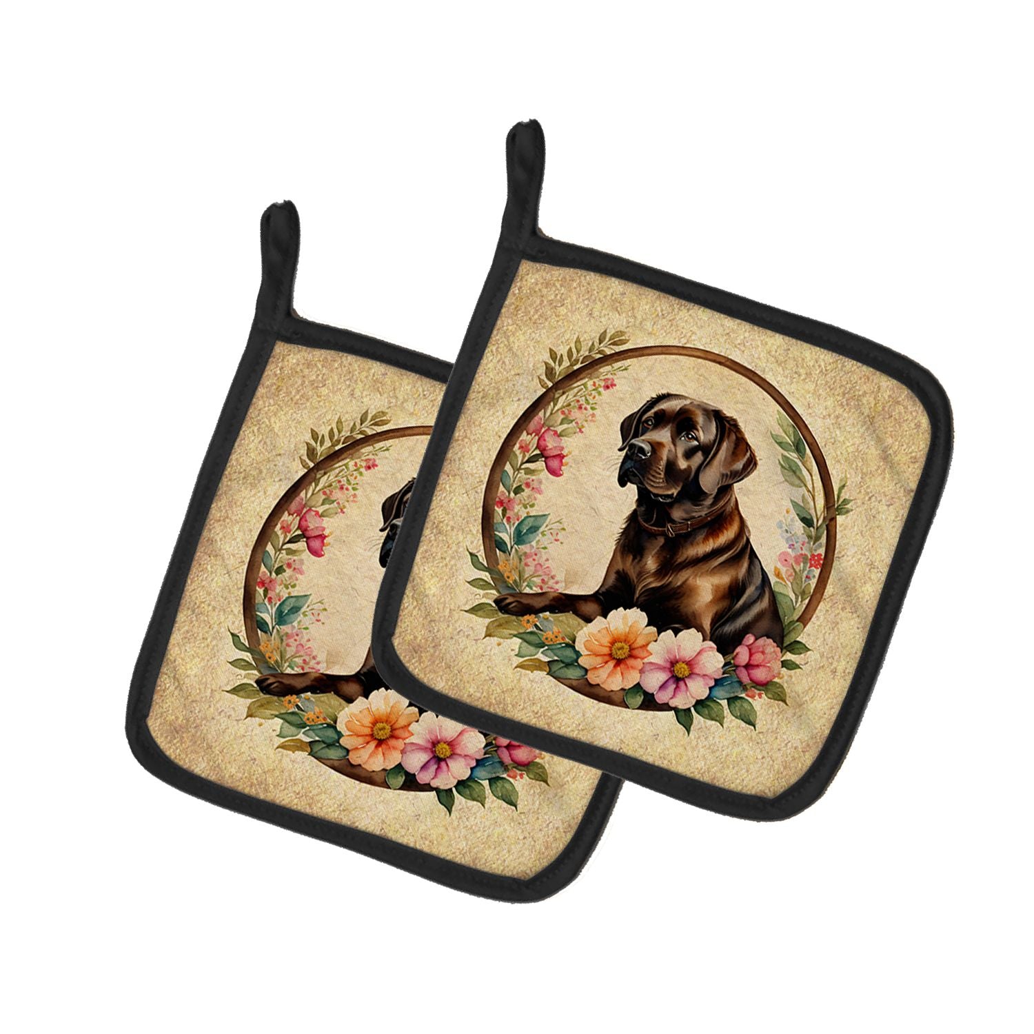 Chocolate Labrador Retriever and Flowers Pair of Pot Holders Kitchen Heat Resistant Pot Holders Sets Oven Hot Pads for Cooking B