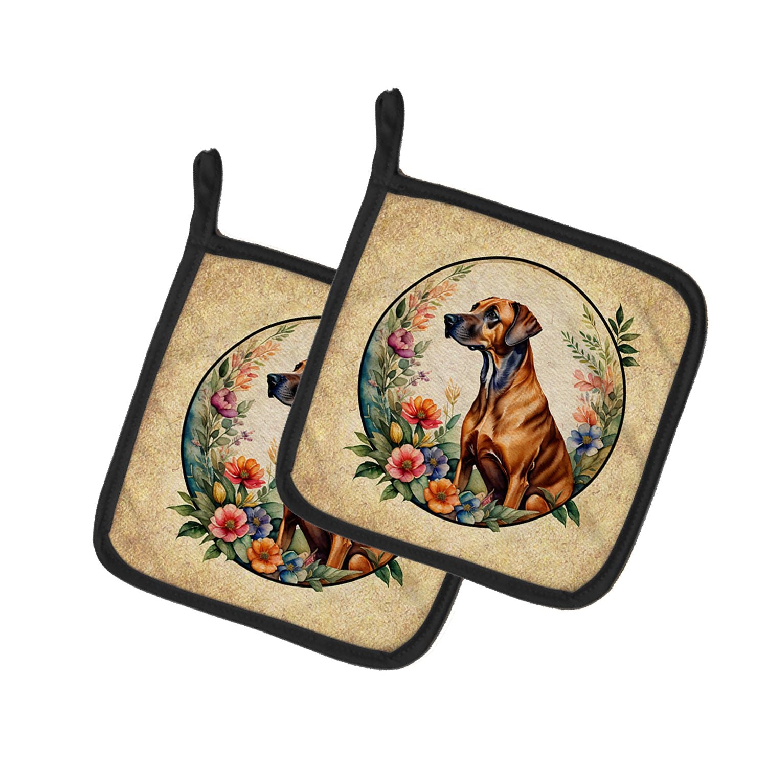 Rhodesian Ridgeback and Flowers Pair of Pot Holders Kitchen Heat Resistant Pot Holders Sets Oven Hot Pads for Cooking Baking BBQ