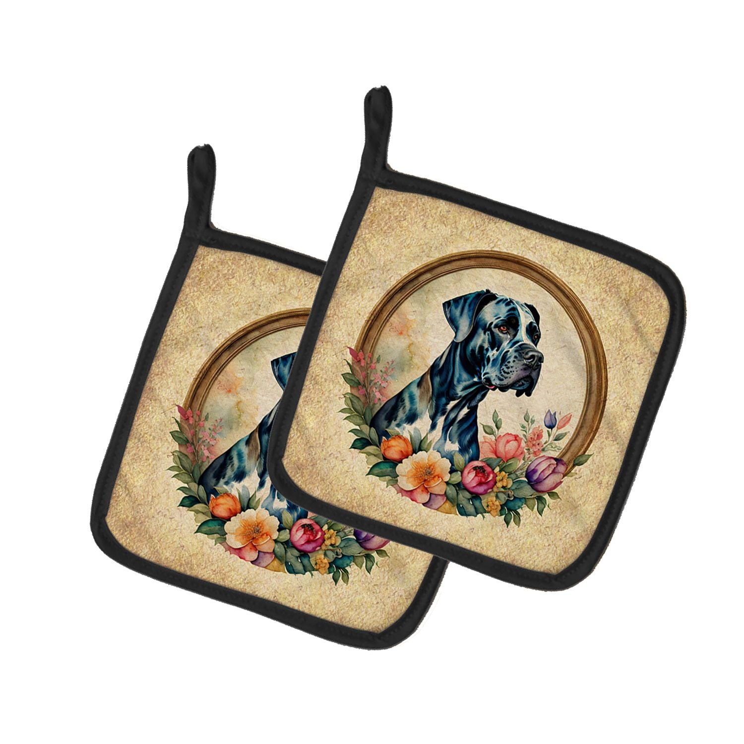 Great Dane and Flowers Pair of Pot Holders Kitchen Heat Resistant Pot Holders Sets Oven Hot Pads for Cooking Baking BBQ, 7 1/2 x