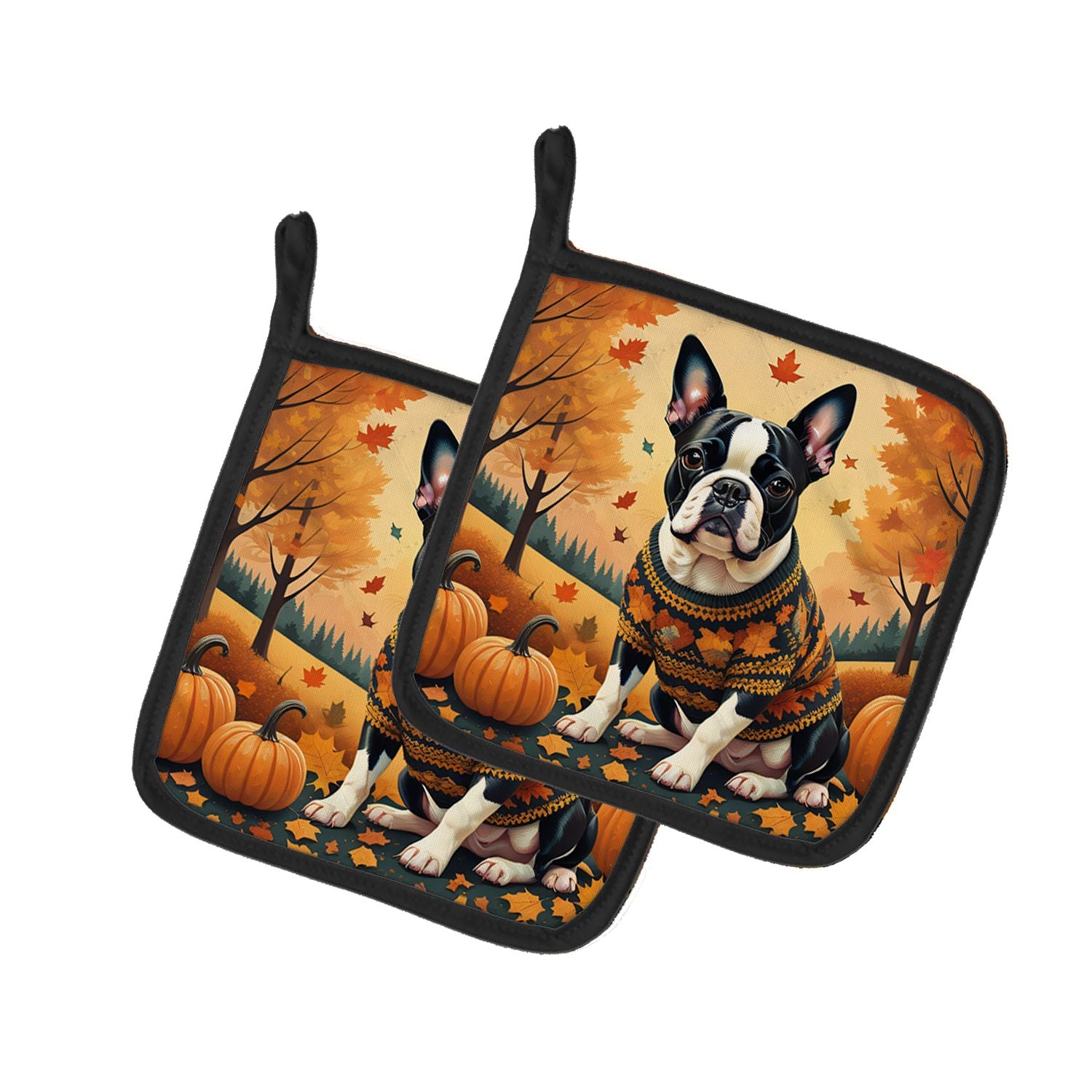 Boston Terrier Fall Pair of Pot Holders Kitchen Heat Resistant Pot Holders Sets Oven Hot Pads for Cooking Baking BBQ, 7 1/2 x 7 