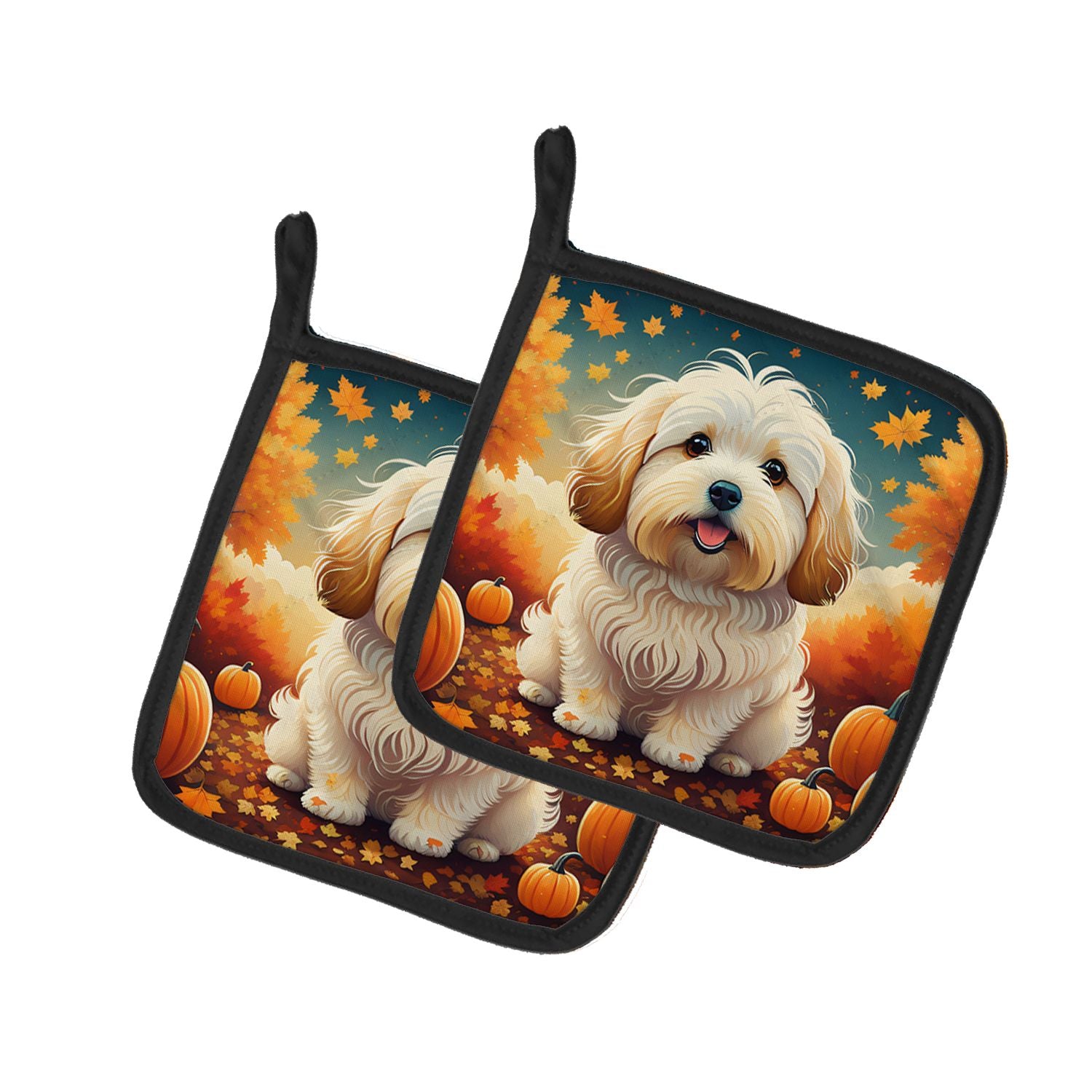 Coton De Tulear Fall Pair of Pot Holders Kitchen Heat Resistant Pot Holders Sets Oven Hot Pads for Cooking Baking BBQ, 7 1/2 x 7