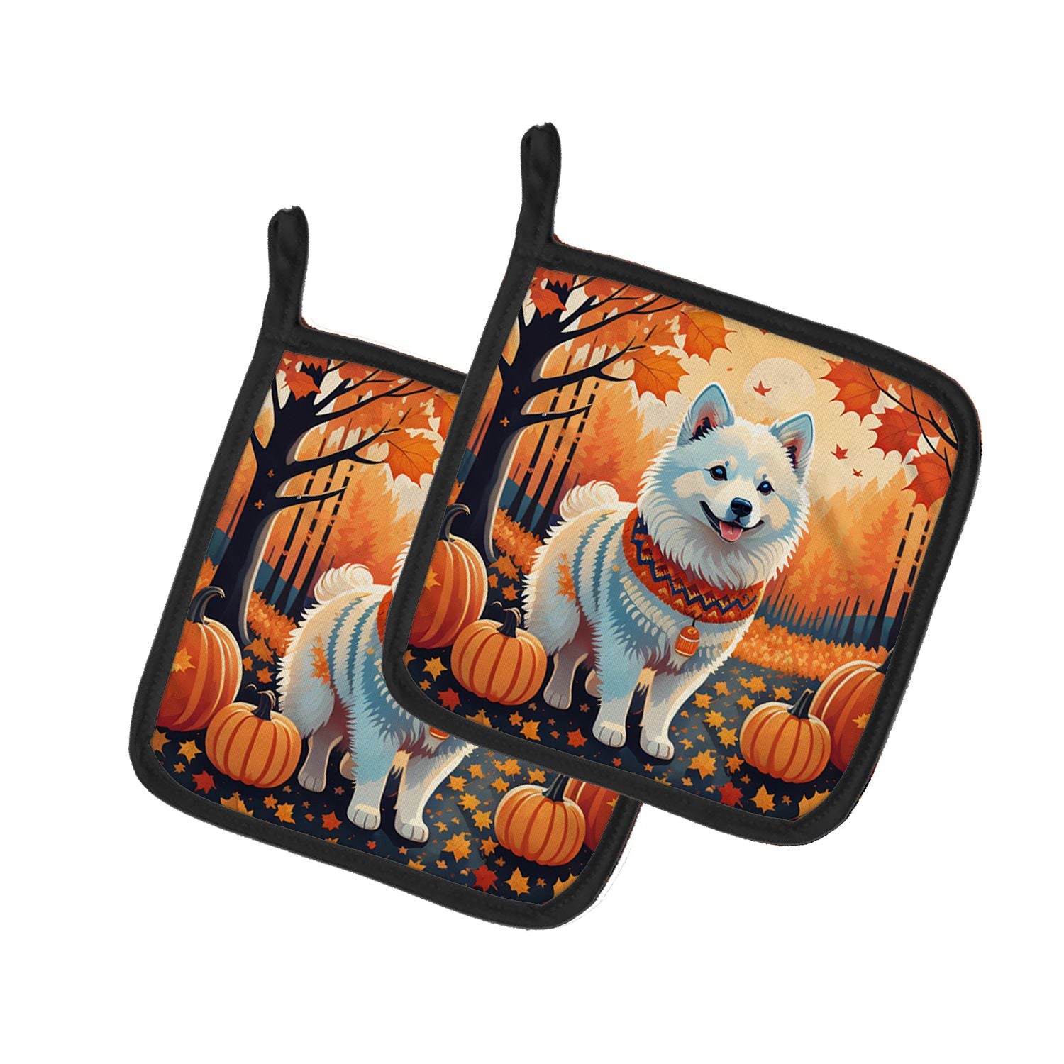 American Eskimo Fall Pair of Pot Holders Kitchen Heat Resistant Pot Holders Sets Oven Hot Pads for Cooking Baking BBQ, 7 1/2 x 7