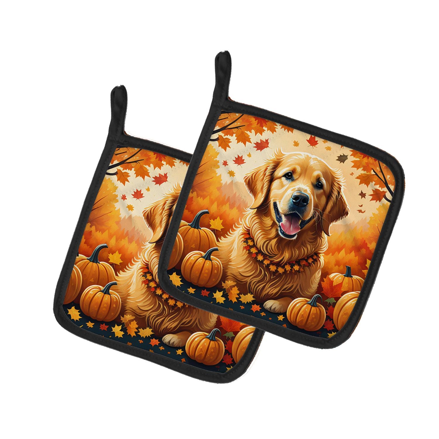 Golden Retriever Fall Pair of Pot Holders Kitchen Heat Resistant Pot Holders Sets Oven Hot Pads for Cooking Baking BBQ, 7 1/2 x 